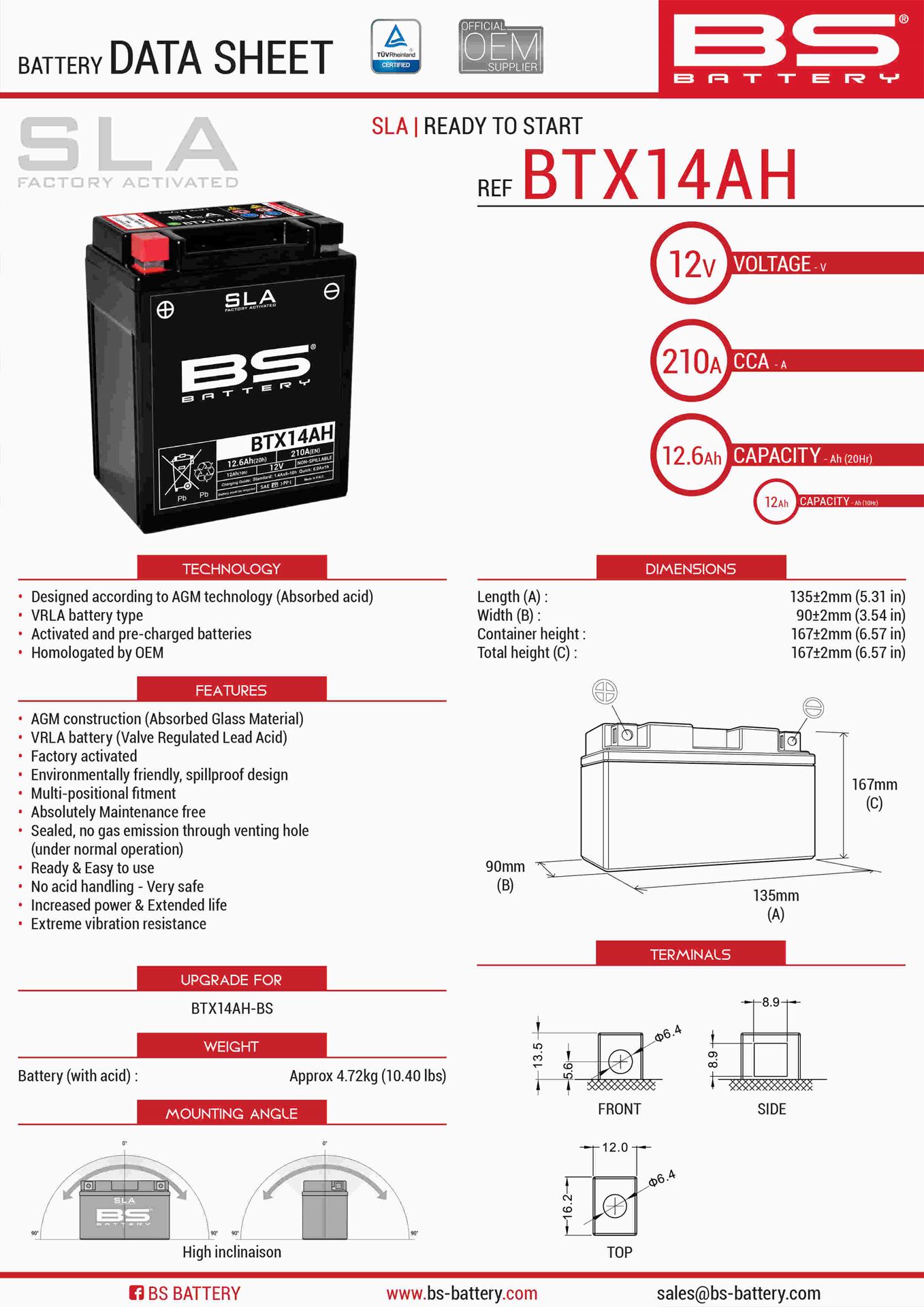 Levně BS akumulátor BTX14AH (FA) (YTX14AH-BS) 12V 12AH 135X90X167 bezúdržbový - (210A) (4) (BS akumulátor BTX14AH (FA) (YTX14AH-BS) 12V 12AH 135X90X167)