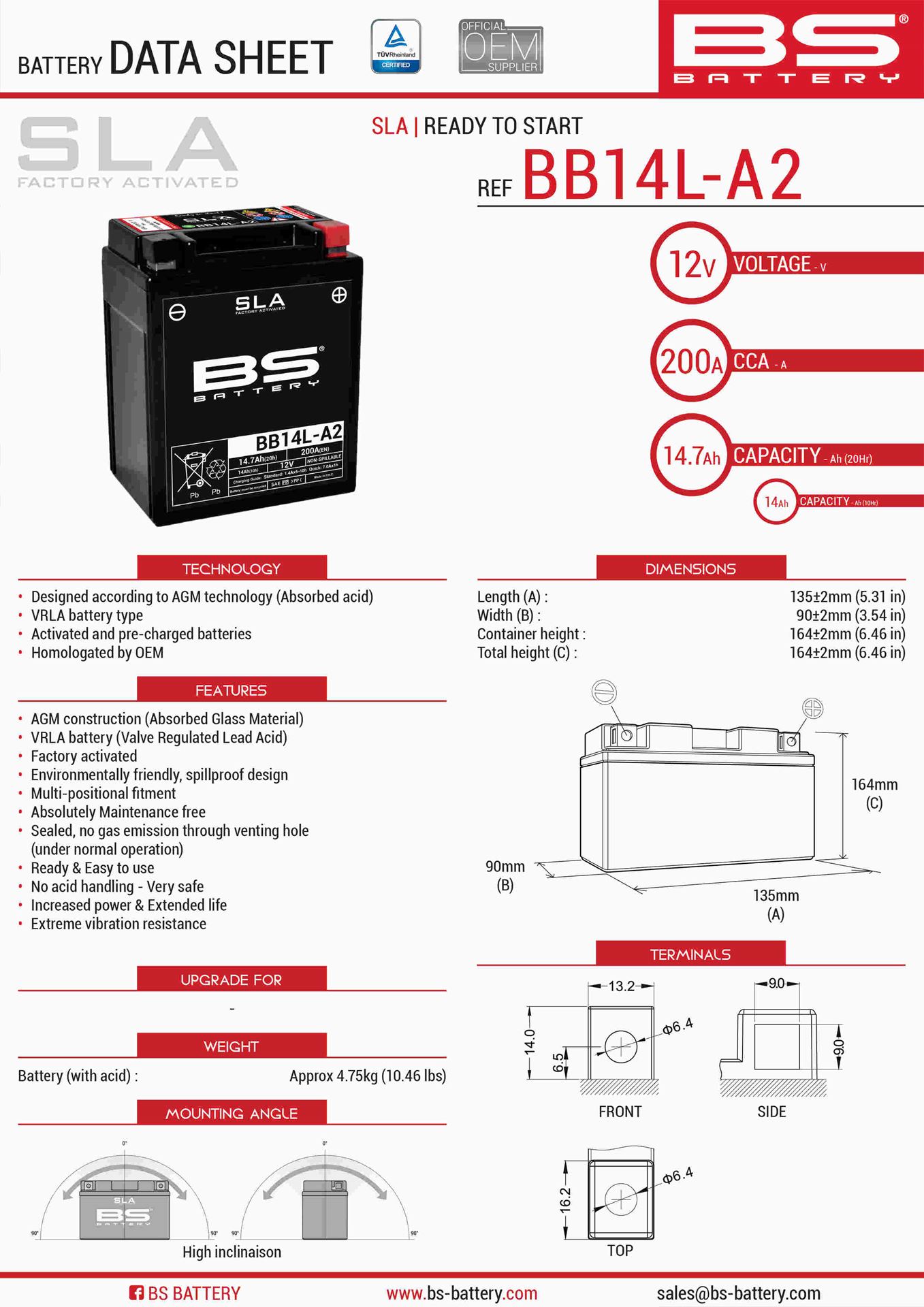 Levně BS akumulátor BB14L-A2 (FA) (YB14L-A2,YB14L-B2) 12V 14AH 135X91X167 bezúdržbový - (210A) - nahrazuje 300835 (4) (BS akumulátor BB14L-A2 (FA))