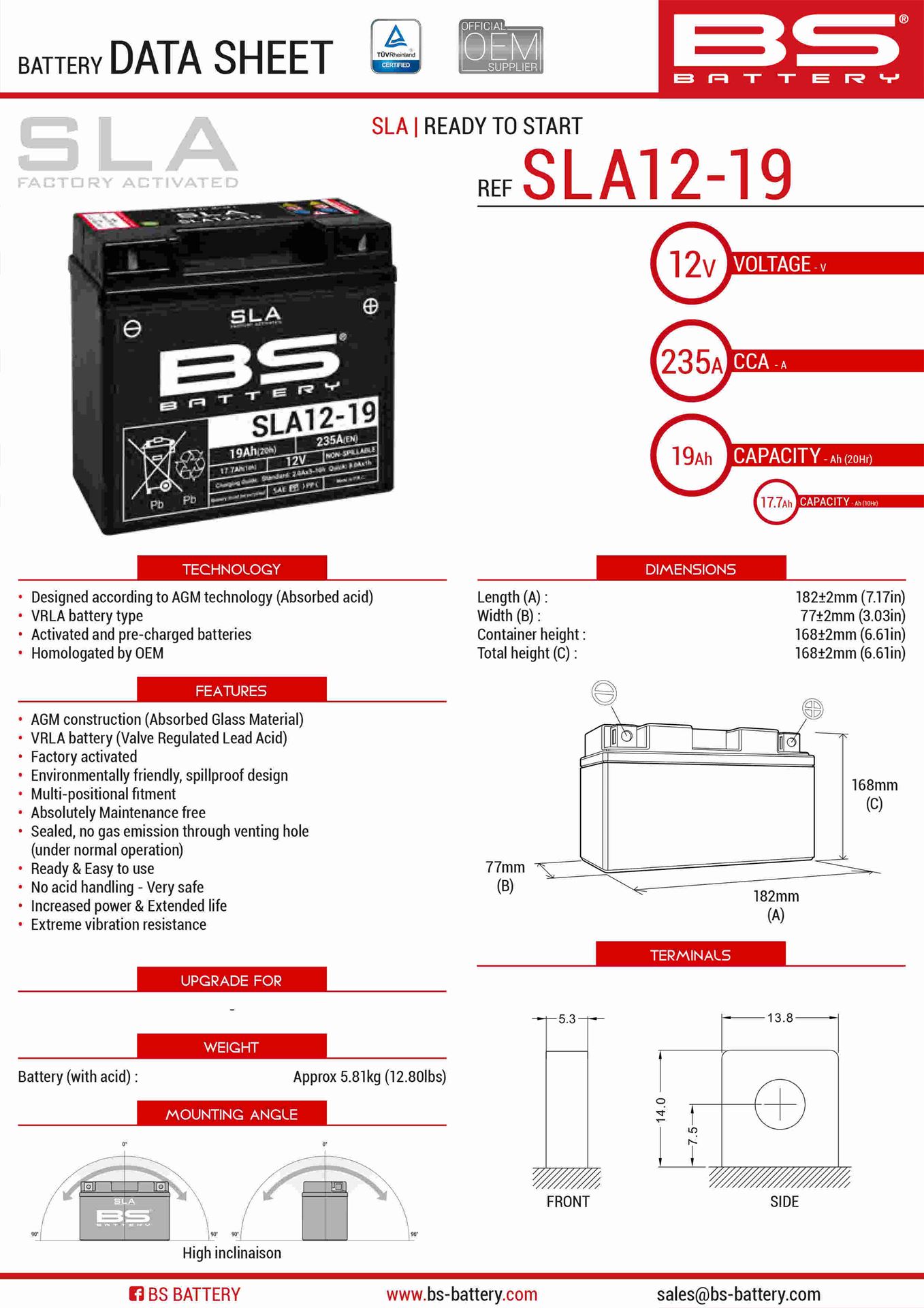 Levně BS akumulátor 51913/51814 MAX (FA) (G12-19,SLA12-19,SLA12-22) 12V 21AH 183X79X171 bezúdržbový - (zvýšený rozběhový proud) (275A) (BMW) (4) (BS)