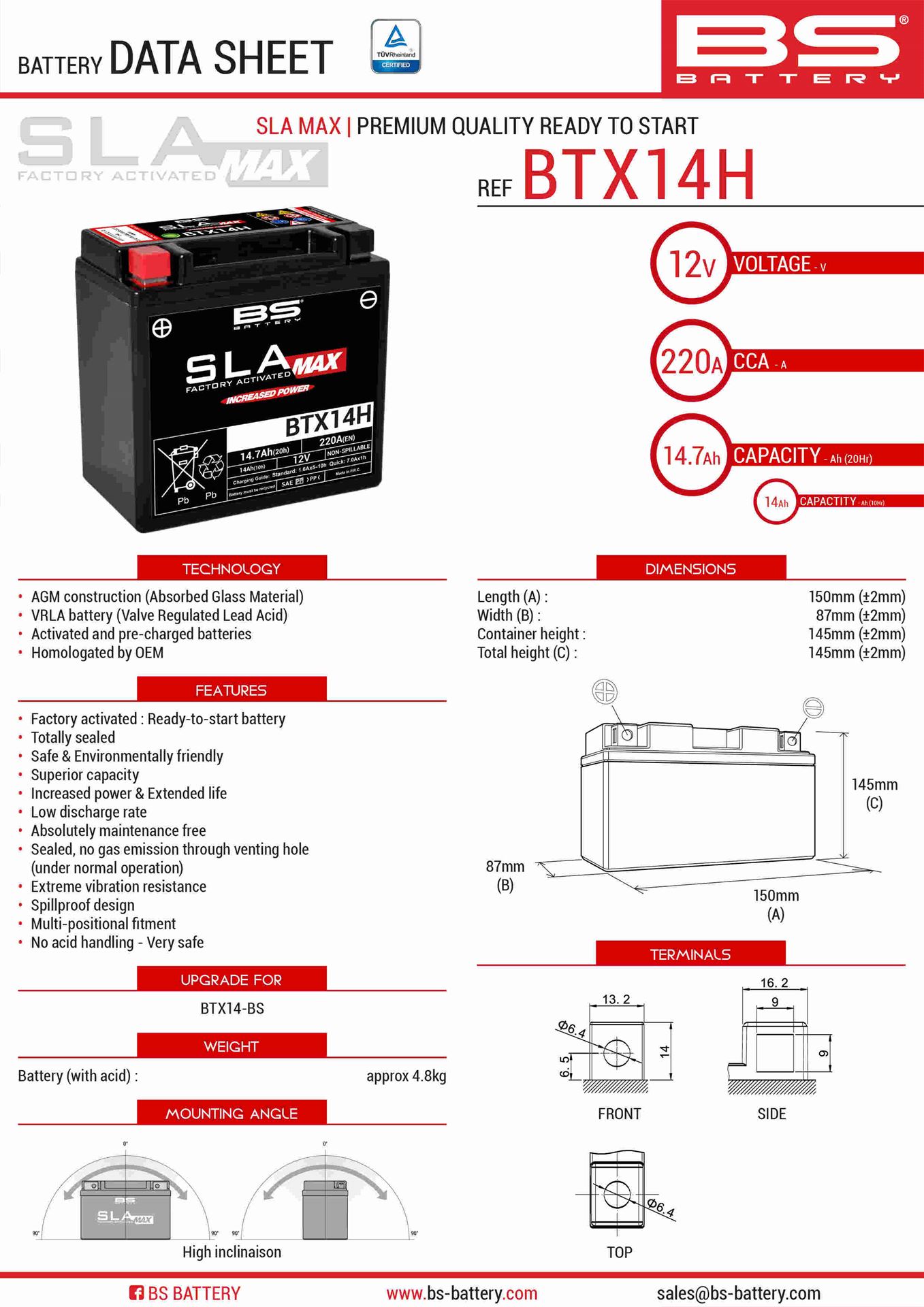 BS akumulátor BTX14H MAX (FA) (YTX14-BS) 12V 14AH 150X87X145 bezúdržbový - (zvýšený rozběhový proud) (220A) - nahrazuje 300855 (BMW) (4) (BS)