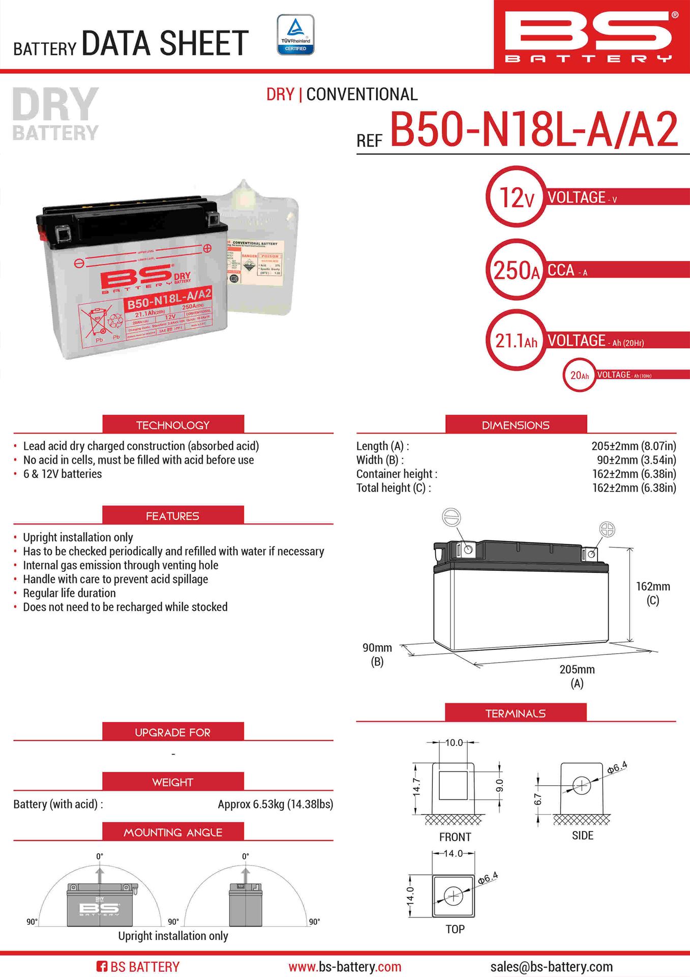 Levně BS akumulátor B50-N18L-A/A2 (Y50-N18L-A/A2) 12V 20AH 205X90X162 obsluhovaný - elektrolyt zvlášť 250A UE2019/1148 (2) (BS akumulátor B50-N18L-A/A2)