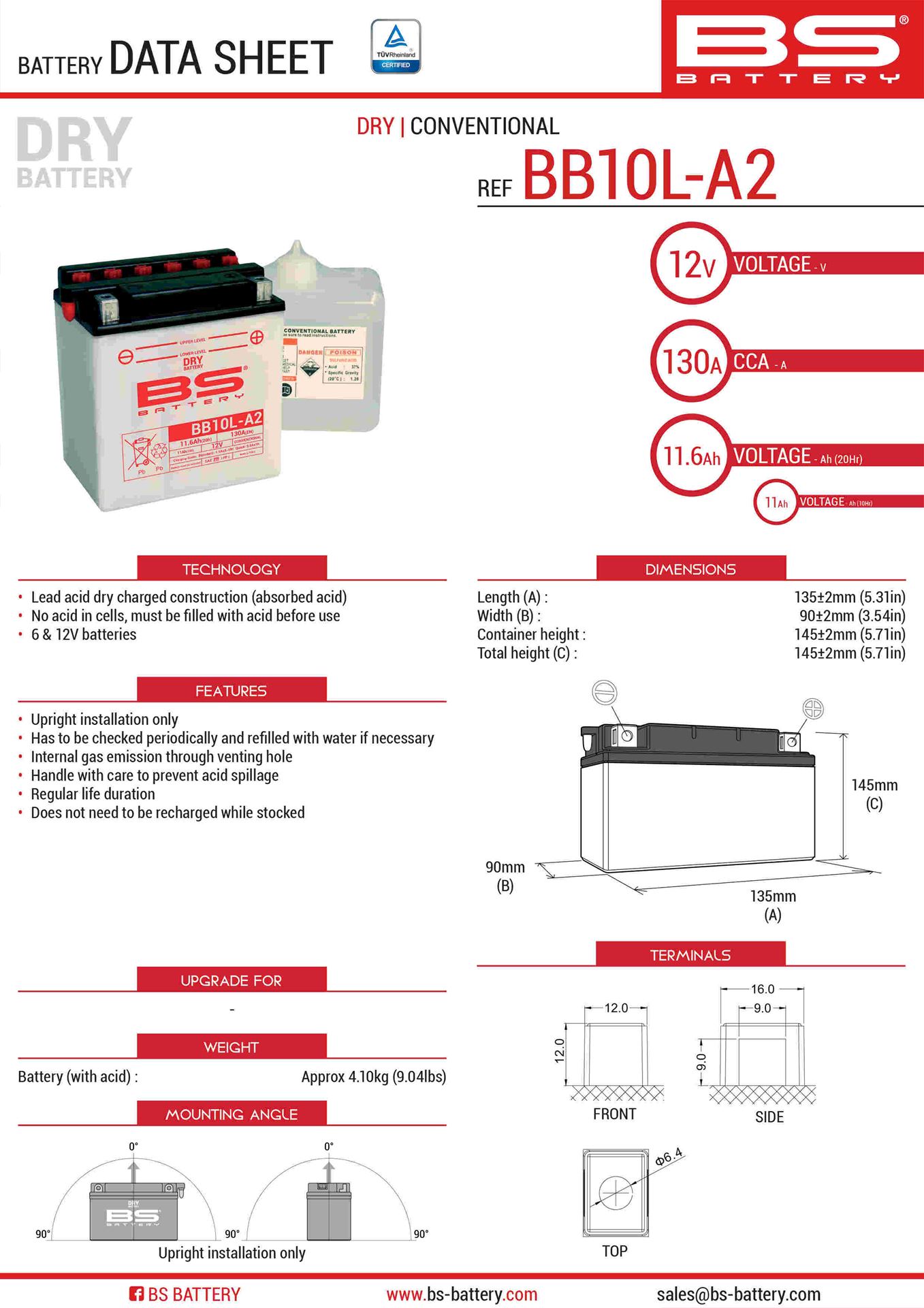 Levně BS akumulátor BB10L-A2 (YB10L-A2) 12V 11AH 136X91X146 obsluhovaný - elektrolyt zvlášť (160A) UE2019/1148 (4) (BS akumulátor BB10L-A2 (YB10L-A2) 12V)