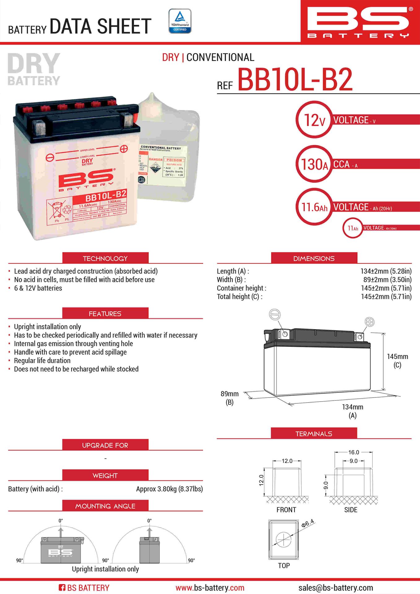 Levně BS akumulátor BB10L-B2 (YB10L-B2) 12V 11AH 134X89X145 obsluhovaný - elektrolyt zvlášť (130A) UE2019/1148 (310558) (4) (BS akumulátor BB10L-B2)