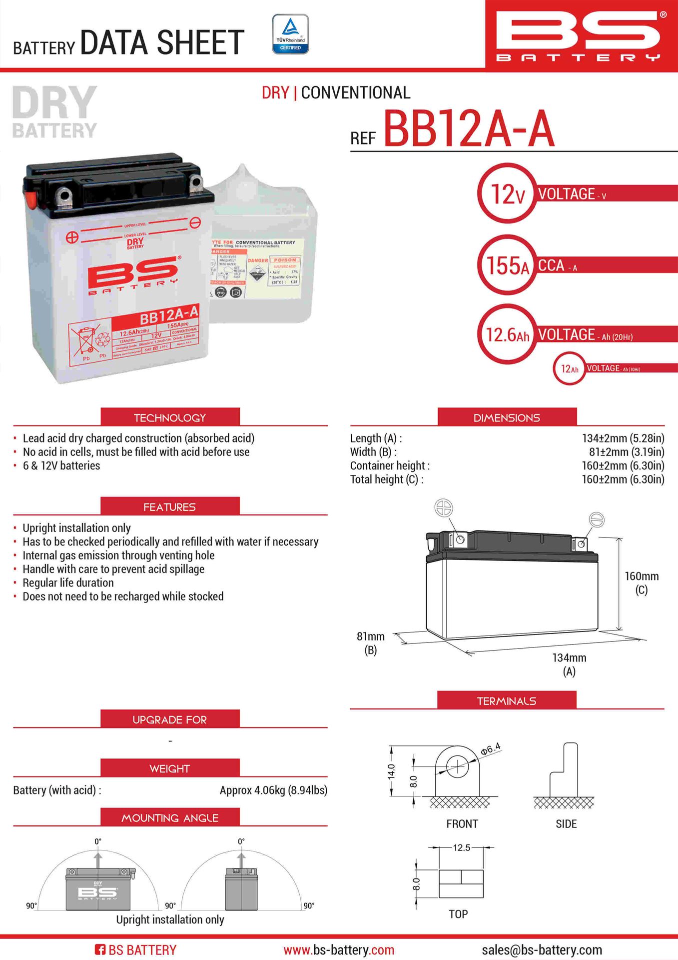 Levně BS akumulátor BB12A-A (YB12A-A) 12V 12AH 134X81X160 obsluhovaný - elektrolyt zvlášť (155A) UE2019/1148 (4) (BS akumulátor BB12A-A (YB12A-A) 12V 12AH)
