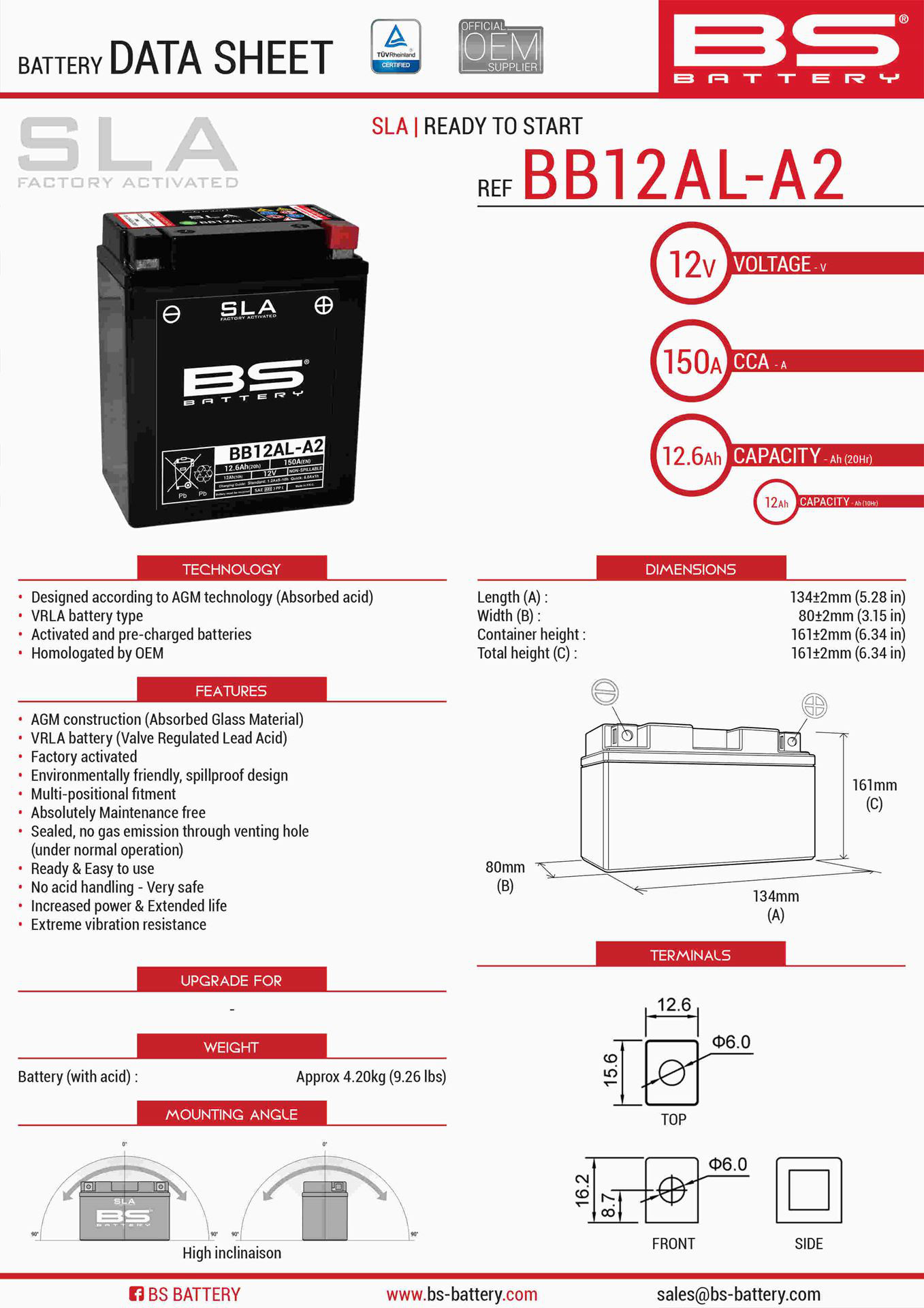 Levně BS akumulátor BB12AL-A2 (YB12AL-A2) 12V 12AH 135X81X161 obsluhovaný - elektrolyt zvlášť (165A) UE2019/1148 (4) (BS akumulátor BB12AL-A2 (YB12AL-A2))