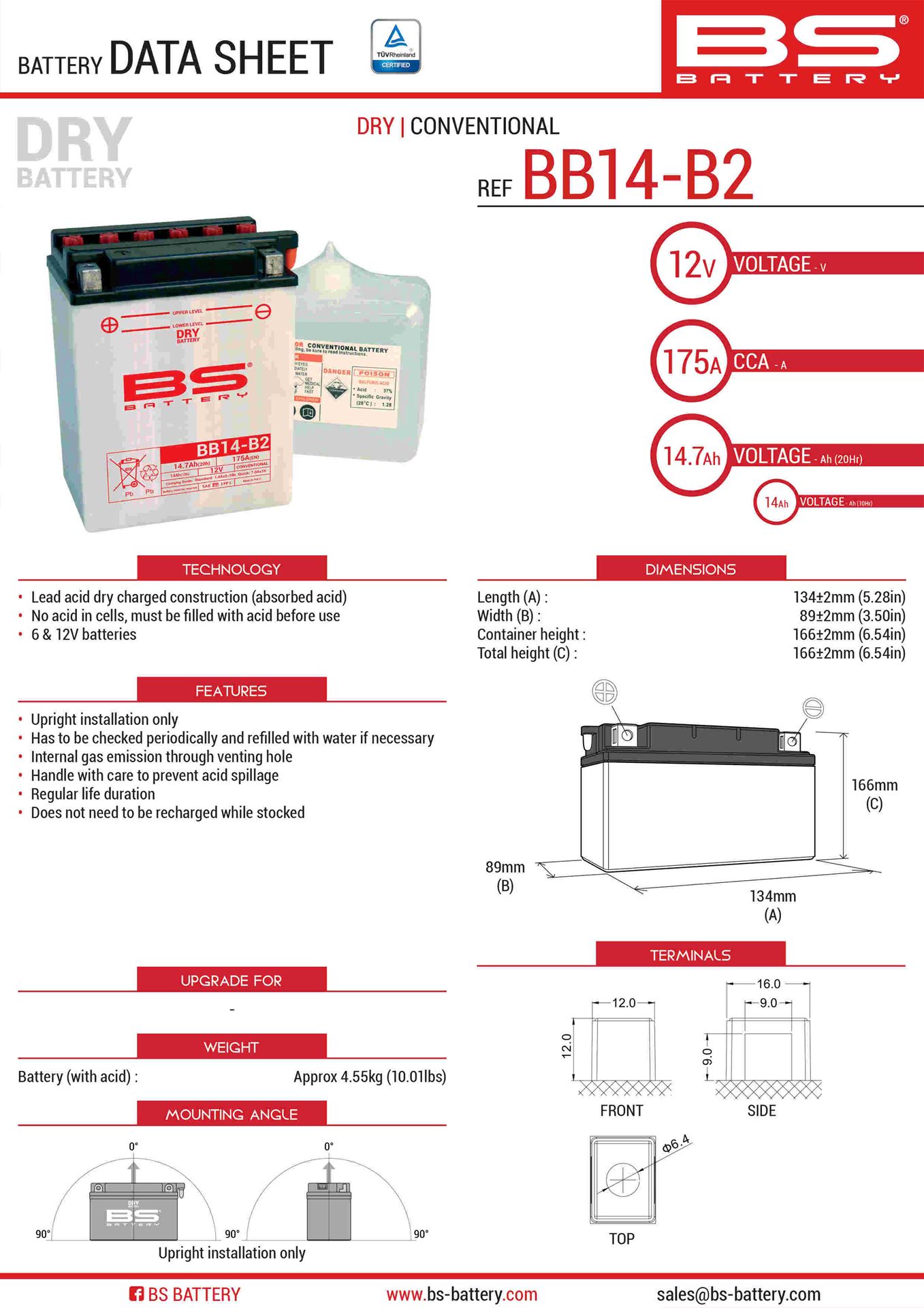 BS akumulátor BB14-B2 (YB14-B2) 12V 14AH 134X89X166 obsluhovaný - elektrolyt zvlášť (175A) UE48 (3)