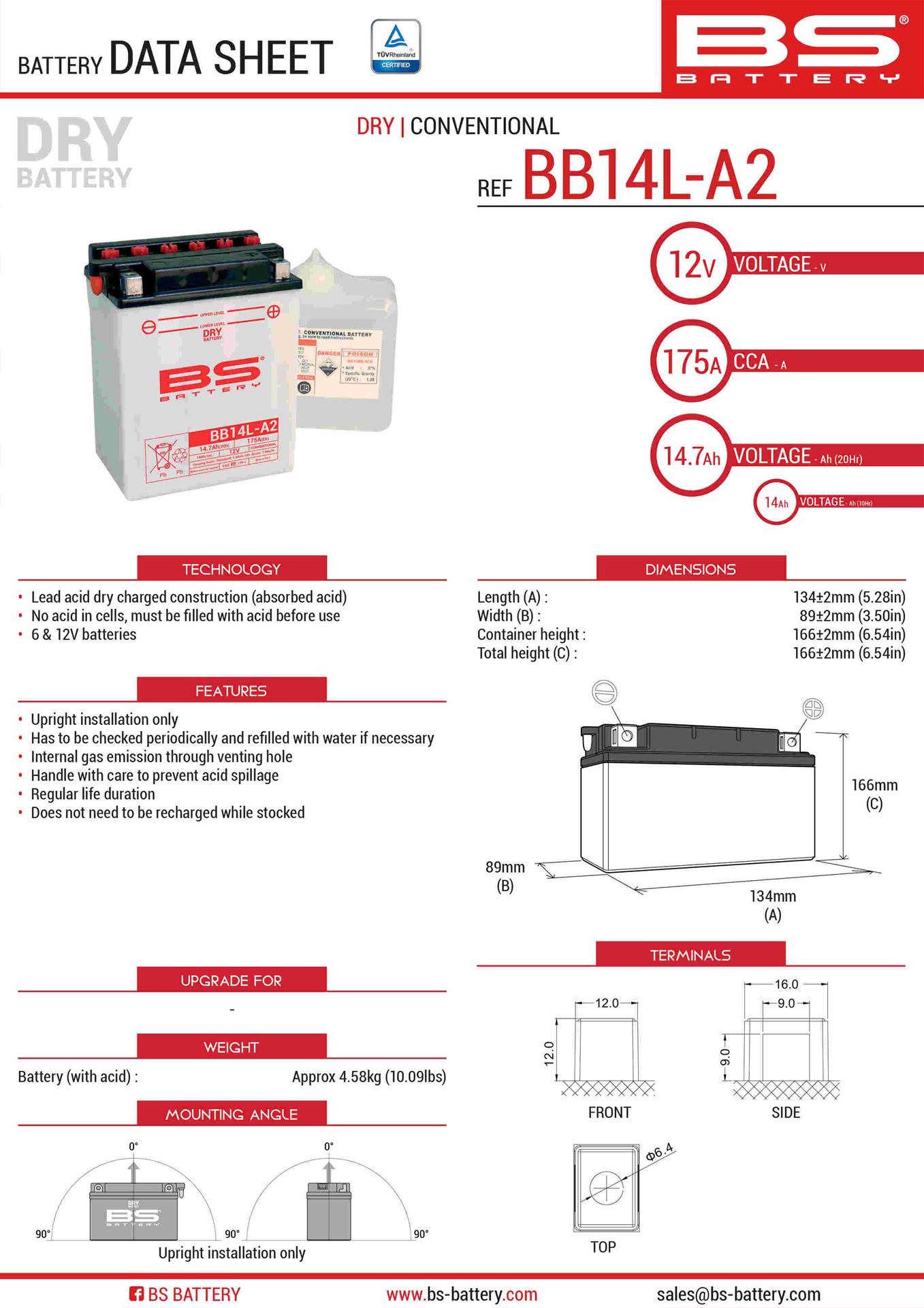 Levně BS akumulátor BB14L-A2 (YB14L-A2) 12V 14AH 135X91X167 obsluhovaný - elektrolyt zvlášť (175A) UE2019/1148 (3) (BS akumulátor BB14L-A2 (YB14L-A2) 12V)