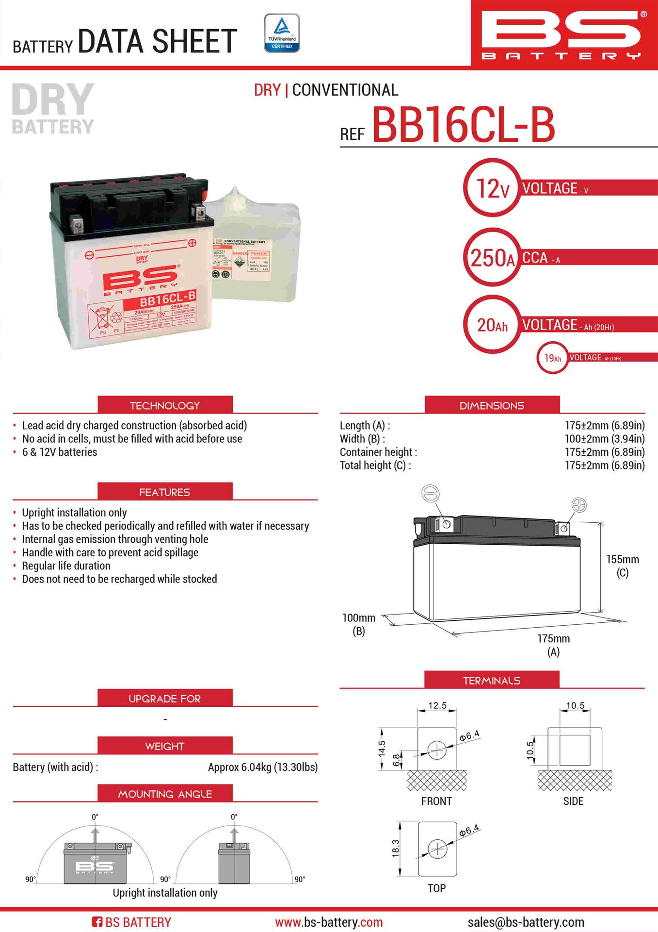 Levně BS akumulátor BB16CL-B (YB16CL-B) 12V 19AH 175X100X175 obsluhovaný - elektrolyt zvlášť (250A) UE2019/1148 (2) (BS akumulátor BB16CL-B (YB16CL-B) 12V)