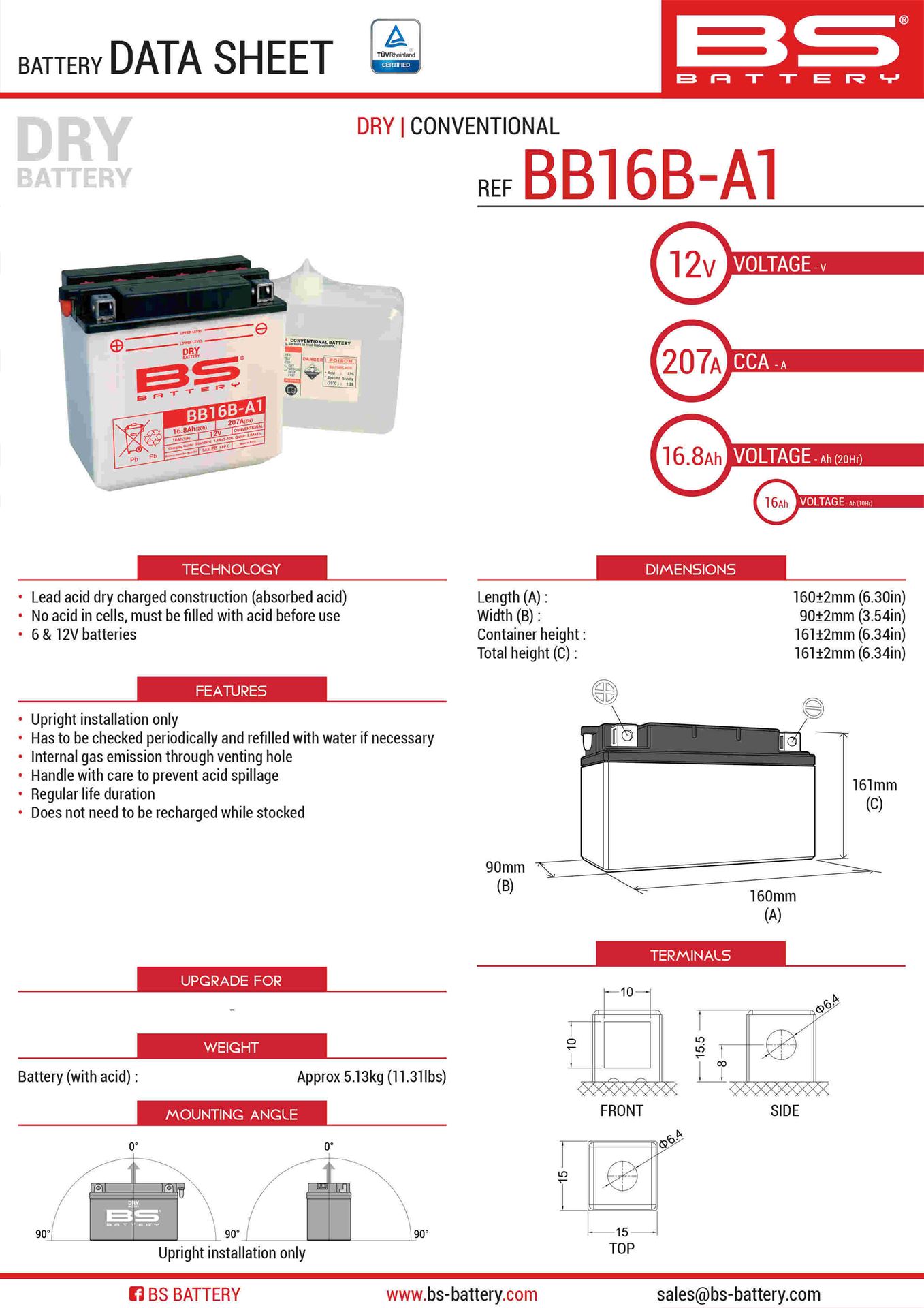 BS akumulátor BB16B-A1 (YB16B-A1) 12V 16AH 160X90X161 obsluhovaný - elektrolyt zvlášť (215A) UE48 (2)