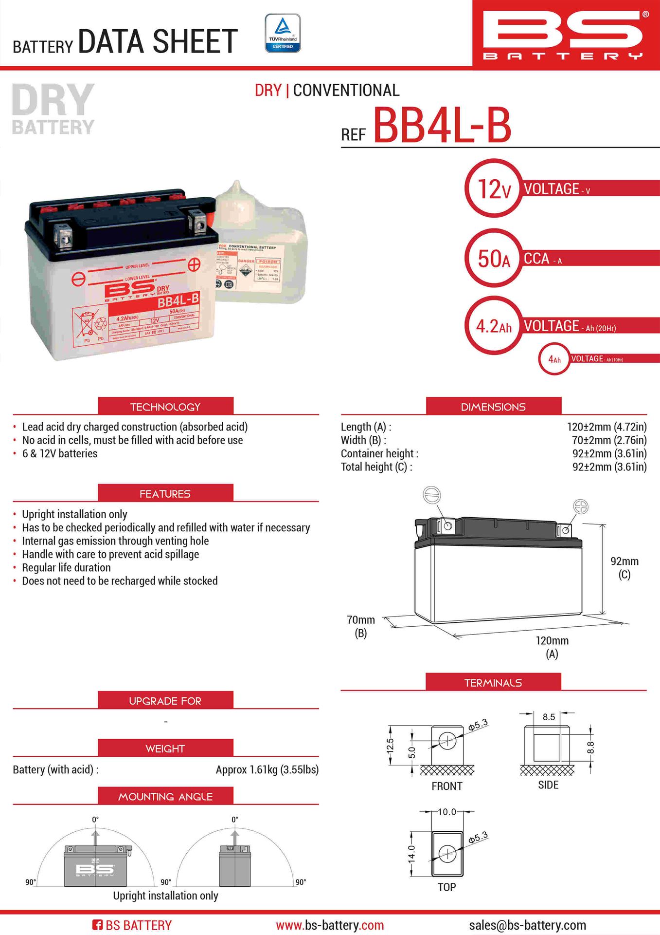 Levně BS akumulátor BB4L-B (YB4L-B) 12V 4AH 121X71X93 obsluhovaný - elektrolyt zvlášť (56A) UE2019/1148 (8) (BS akumulátor BB4L-B (YB4L-B) 12V 4AH)