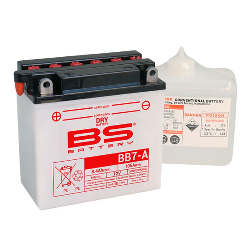Levně BS akumulátor BB7-A (12N7-4A) (YB7-A) 12V 8AH 135X75X133 obsluhovaný - elektrolyt zvlášť (105A) UE2019/1148 (6) (BS akumulátor BB7-A (12N7-4A))