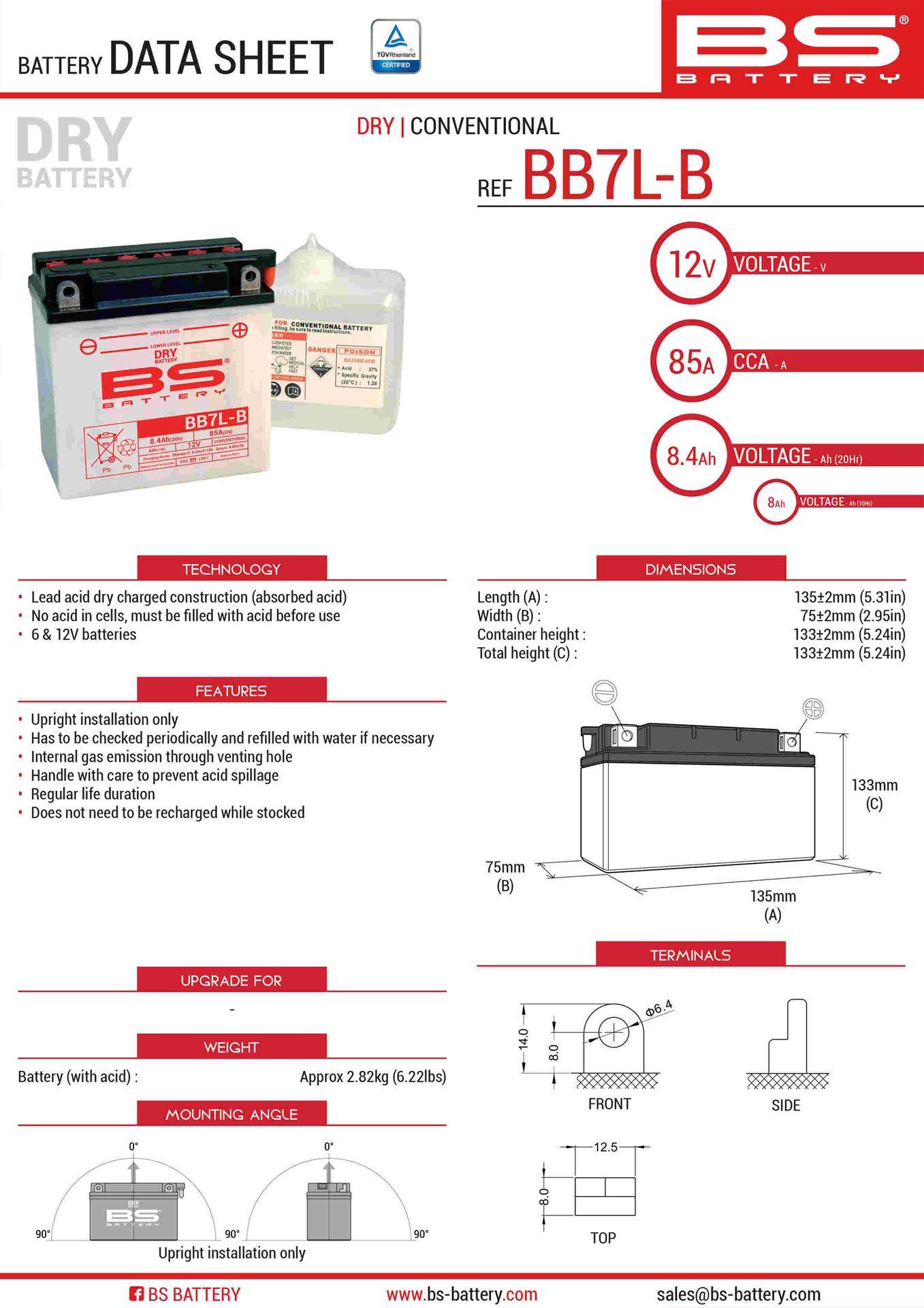 Levně BS akumulátor BB7L-B (YB7L-B) (12N7-3B) (YB7L-B2) 12V 8AH 135X75X133 obsluhovaný - elektrolyt zvlášť (85A) UE2019/1148 - nahrazený 310595 (6) (BS)