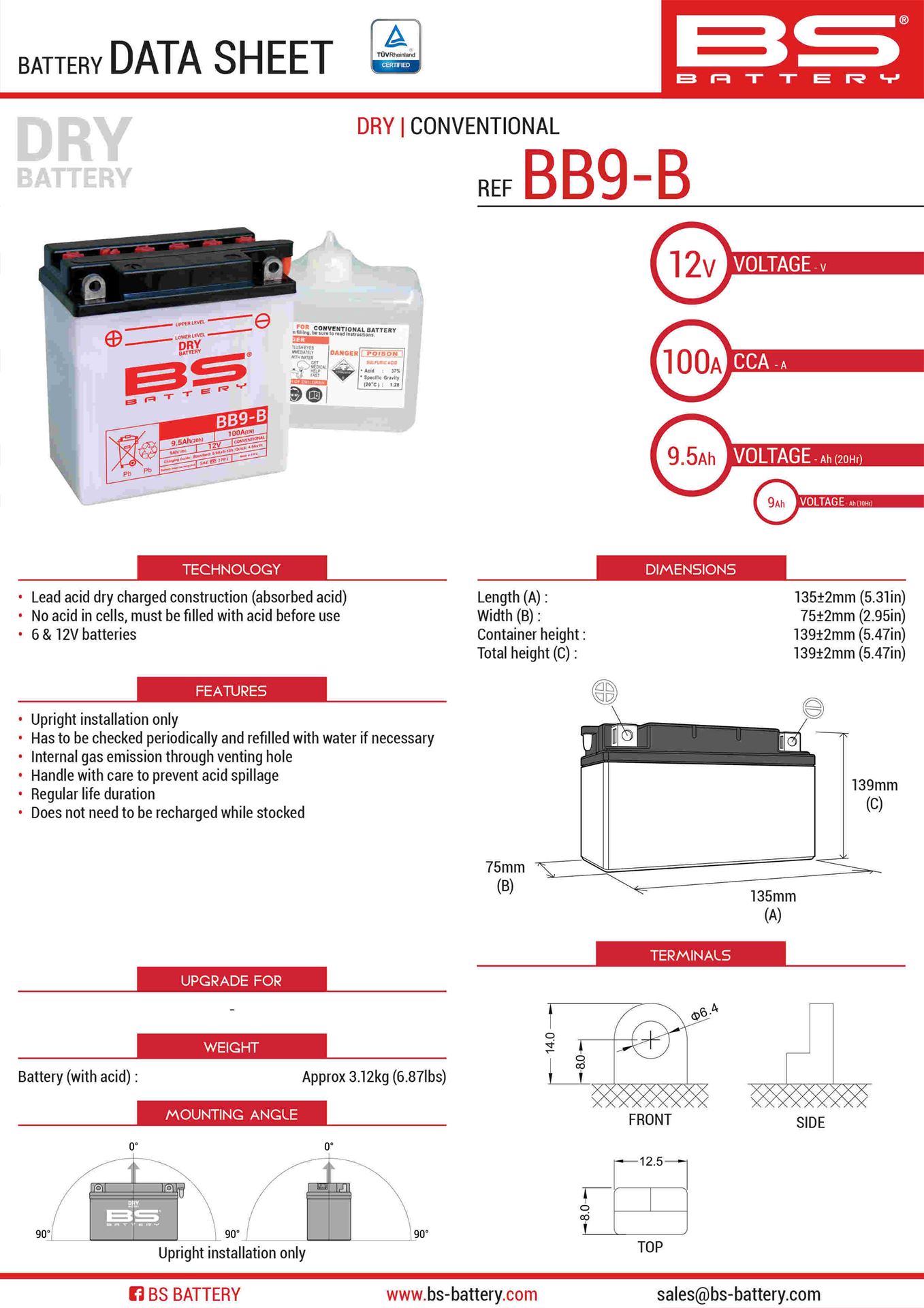 Levně BS akumulátor BB9-B (YB9-B) (12N9-4B-1) 12V 9AH 135X75X139 obsluhovaný - elektrolyt zvlášť (115A) UE2019/1148 (4) (BS akumulátor BB9-B (YB9-B))