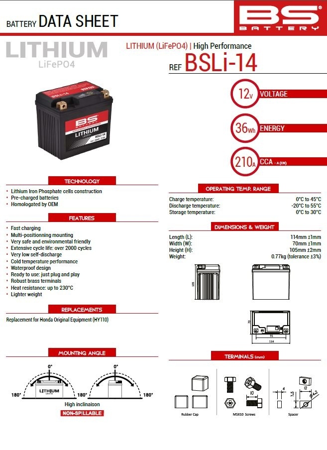 BS akumulátor lithium-iontový s indikátorem nabití LIFEPO4 BSLI-14 (114X70X105) (210A,36WH,3AH) HONDA CRF 1100 AFRICA TWIN '20-23 (HY110) (4)
