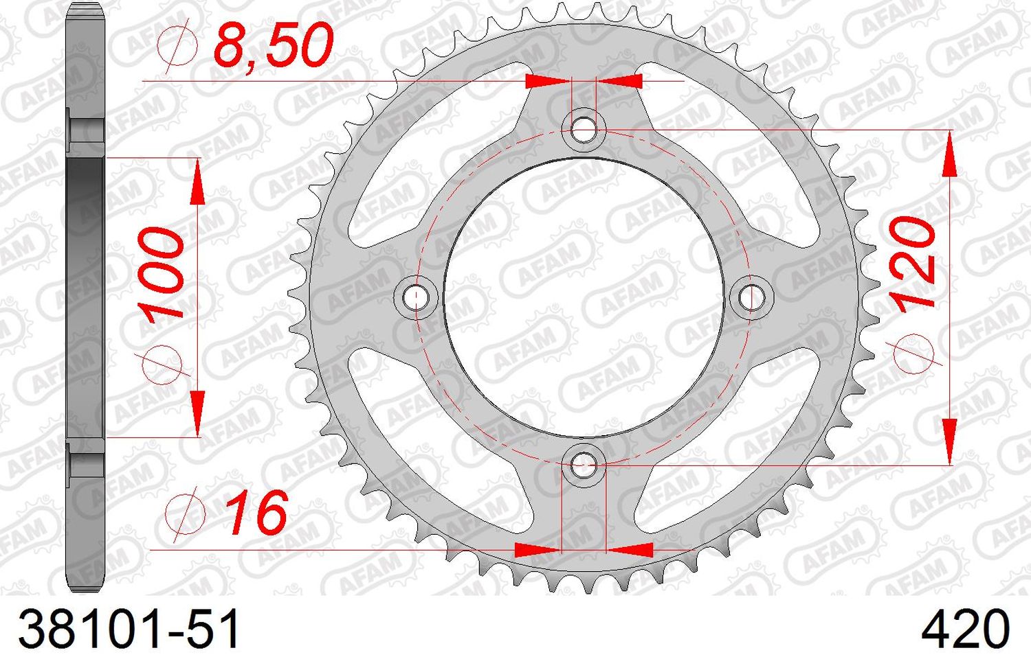 AFAM zadní řetězové kolečko 4453 51 BETA 50 RR ENDURO / ENDURO RACING / ENDURO SPORT '18-'19 (JTR1141.51) (řetěz 420)