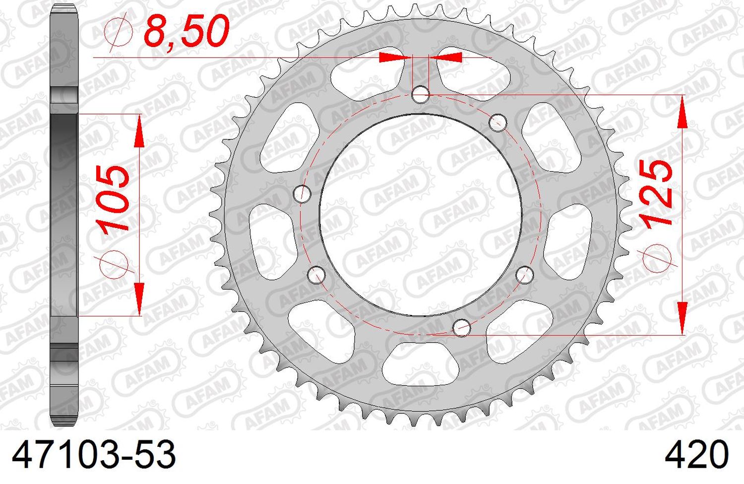AFAM zadní řetězové kolečko 4402 53 DERBI SENDA 50R/SM, APRILIA RX 50, MBK 50 (JTR1131.53) (řetěz 420)