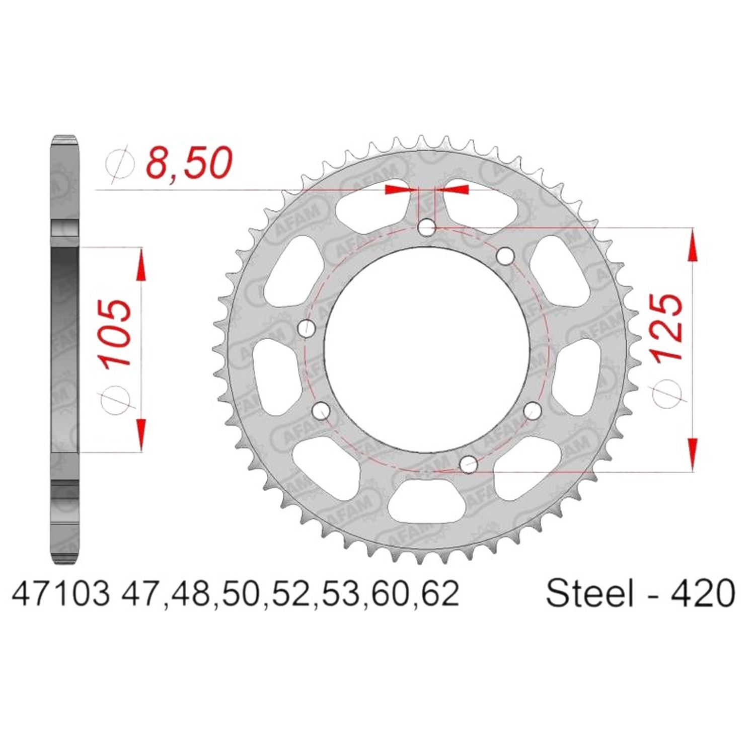 AFAM zadní řetězové kolečko 4402 62 YAMAHA DT 50 '03-'06, MALAGUTI XTM, MRX, SMX (řetěz 420) (JTR1131.62)