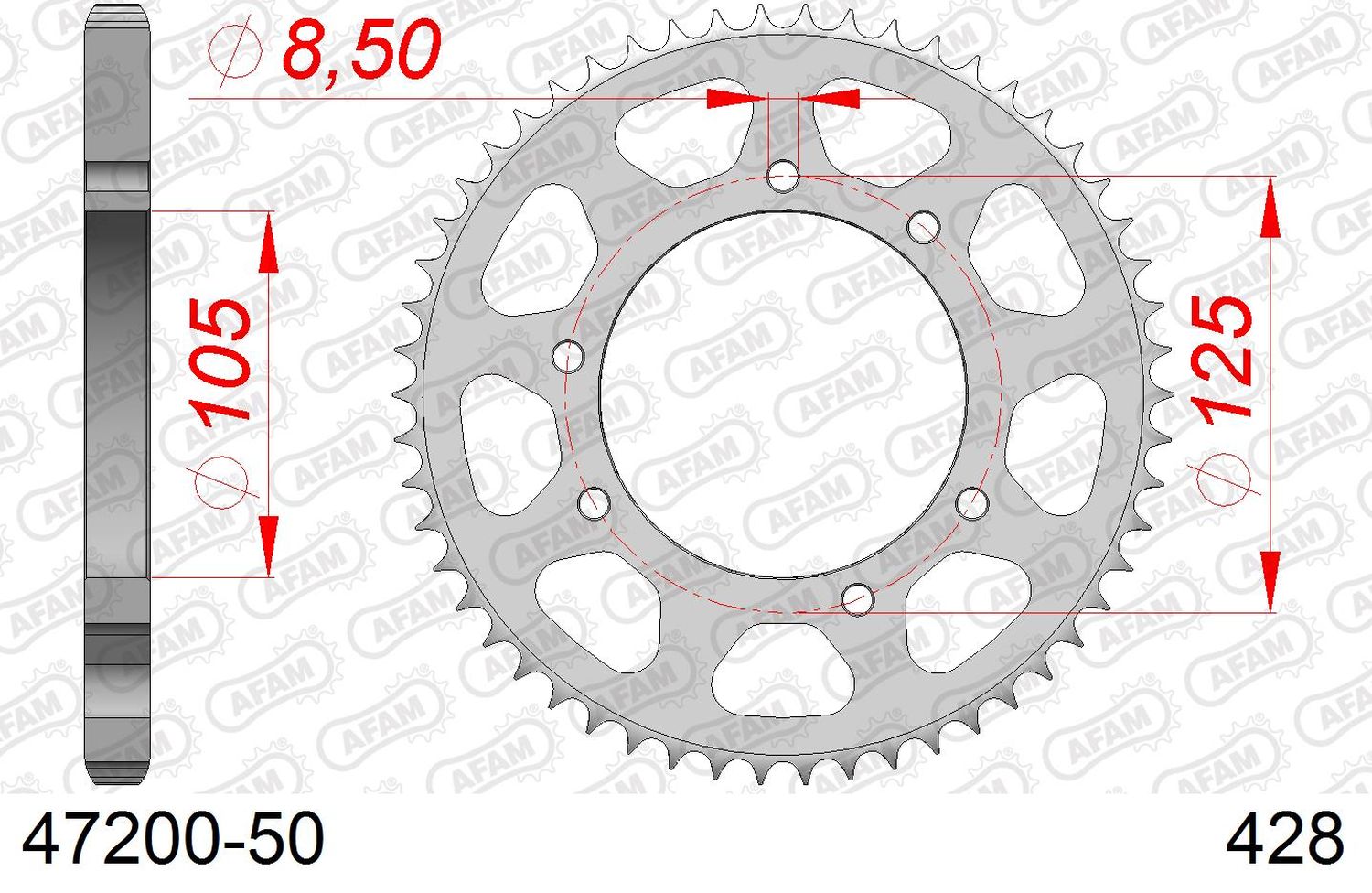 AFAM zadní řetězové kolečko 4413 50 YAMAHA XT 125X/SM '05-'09 (JTR1134.50) (řetěz 428)