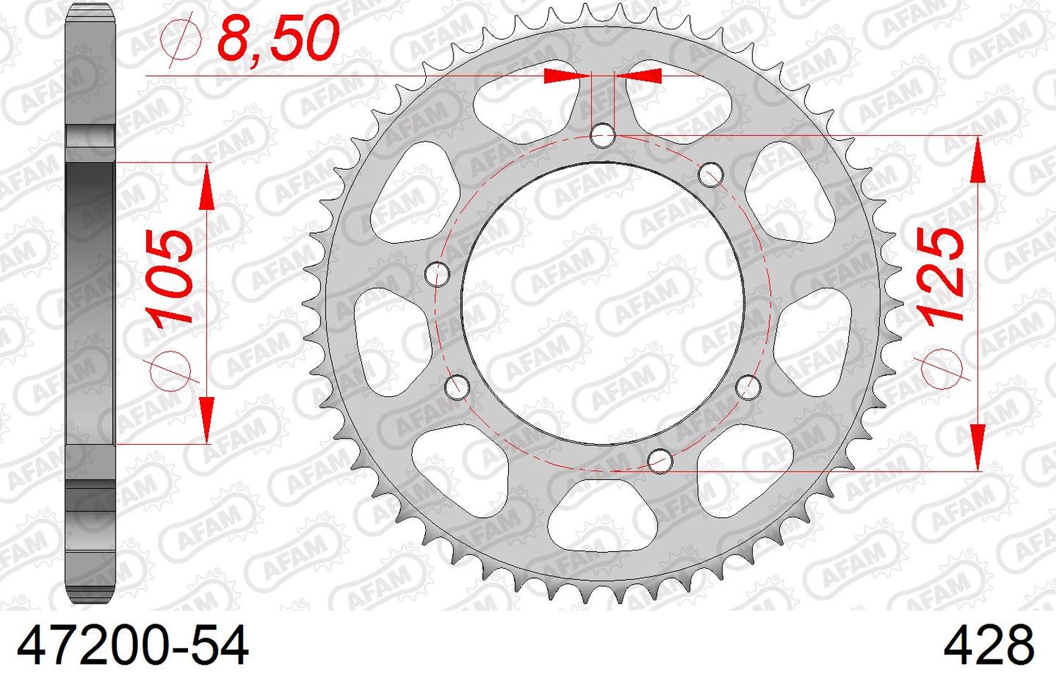 AFAM zadní řetězové kolečko 4413 54 YAMAHA XT 125X/SM '05-'09 (JTR1134.54) (řetěz 428)