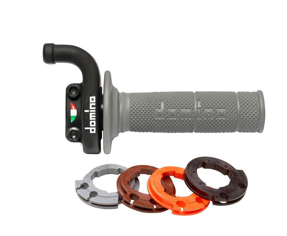 Tomino gas handle universal complete krkwith grips (1150 szare)CZterema adapterami (zmienna shaftkość reakcji) racing use colour black (5240.03-00)