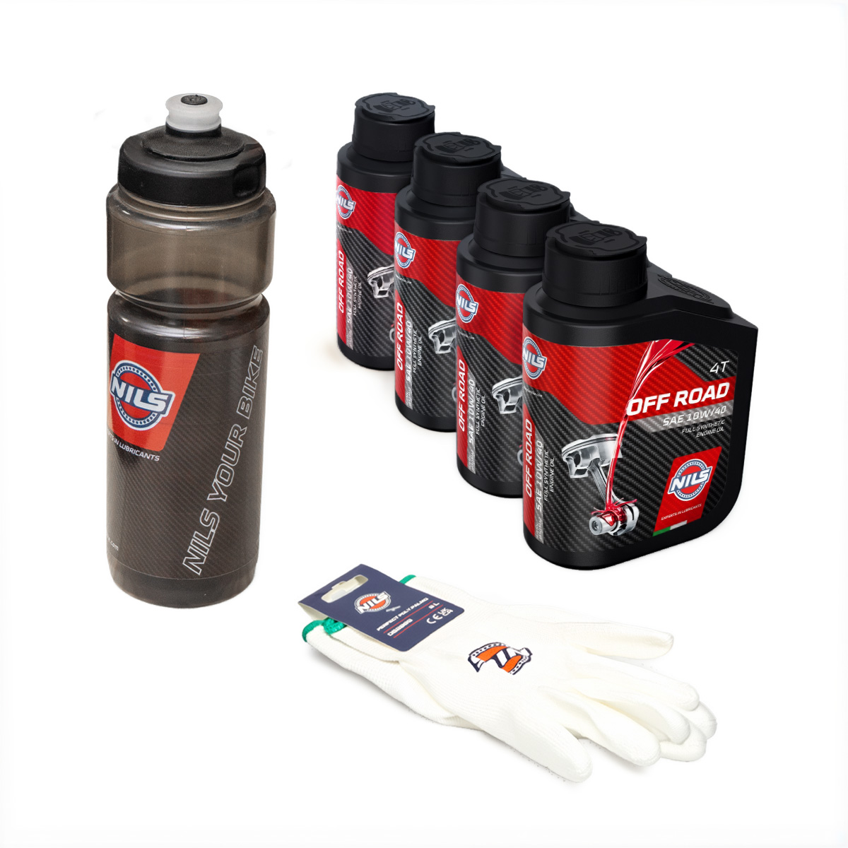 NILS sada propagační motorový olej 4T OFF ROAD 10W40 100% syntetic 4 X 1L + NILS rukavicZKI PAIO GUANTO PERFECT POLY.PALMO TG.11 + NILS bidon 750ML