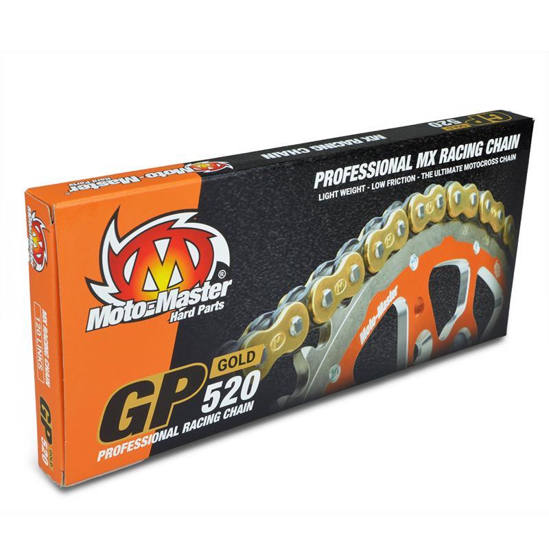 MOTO-MASTER hnací řetěz GP-520G MX PROFESSIONAL MOTOCROSS závodní CHAIN bez O-kroužků barva zlatá (118 článků, včetně spony)