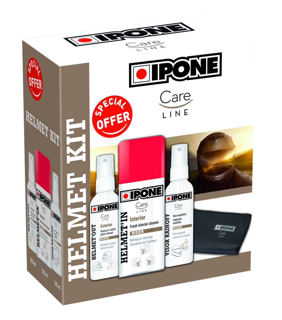 IPONE HELMET KIT sada pro péči o přilbu (HELMET OUT, HELMET IN, VISOR RAINOFF, MICROFIBRA) (CARELINE) (4)