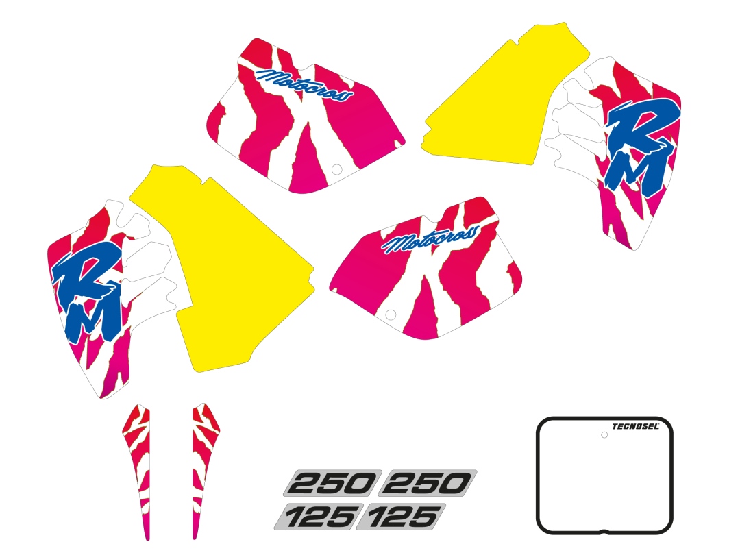 TECNOSEL (BLACKBIRD) sada samolepek (dýhy) + potah sedla SUZUKI RM 125/250 89-92, REPLICA OEM SUZUKI 92