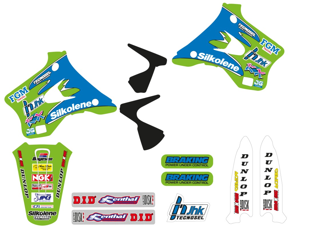 Tecnoseel (blackbird) sticker set (bottles) + seat cover KAWASAKI kx 125/250 94-98, replica team KAWASAKI 96 (84V01)