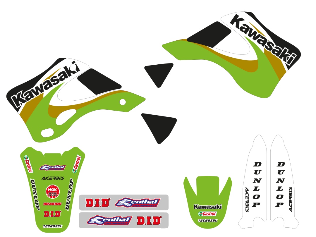 TECNOSEL (BLACKBIRD) sada samolepek (dýhy) + potah sedla KAWASAKI KX 125/250 99-02, REPLICA OEM KAWASAKI 00