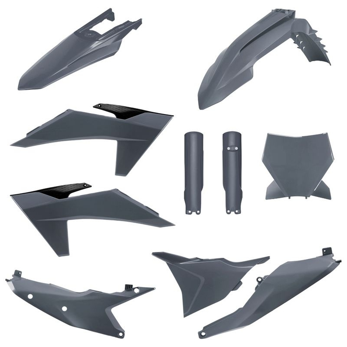 POLISPORT kompletní sada plastů (FULL KIT) KTM SX/SX-F/XC/XC-F 23-24 v sadě tabulka přední (8672000004) a kryty tlumičů (8352500003) barva šedá