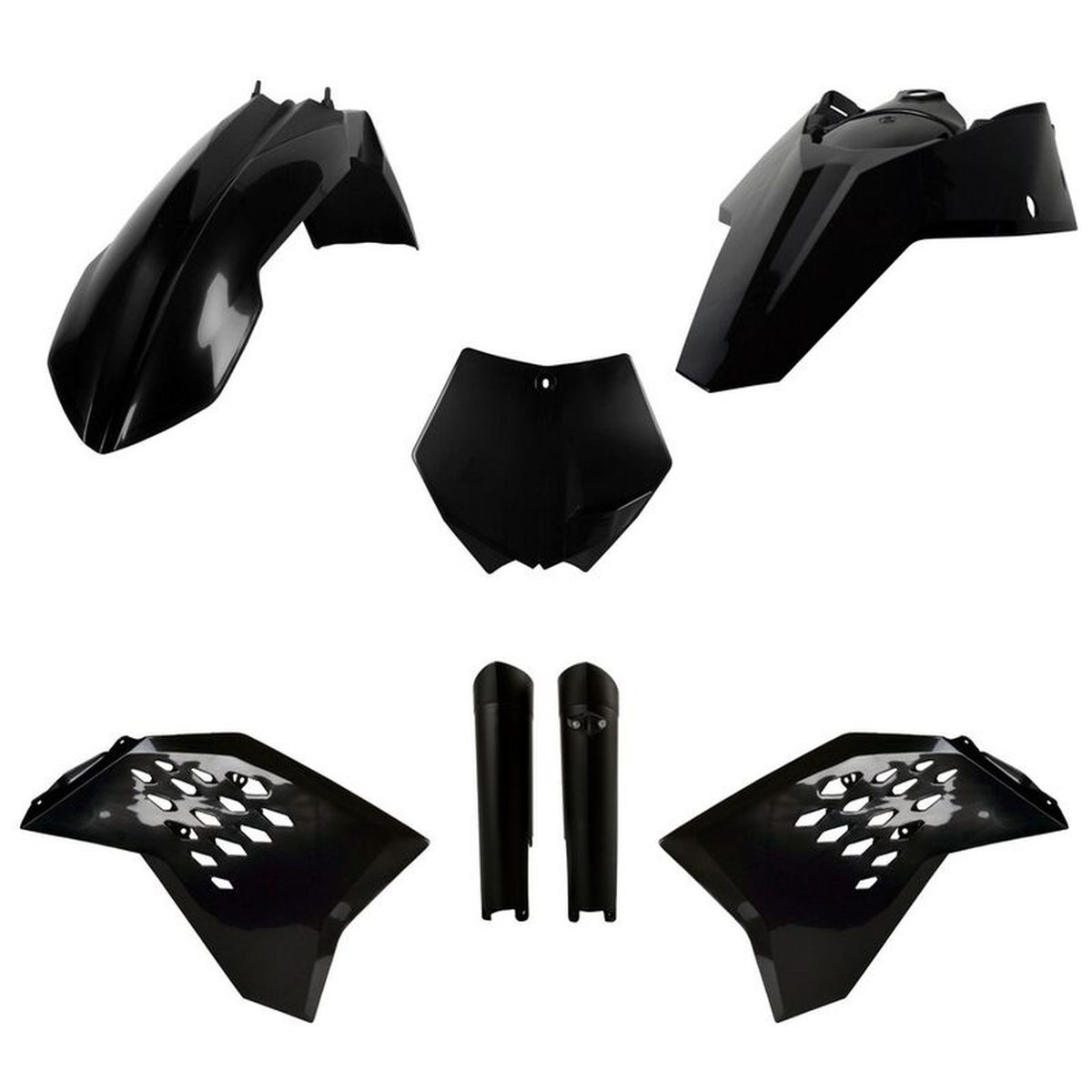 POLISPORT kompletní sada plastů (FULL KIT) KTM SX/SX-F/XC-F 08-10 v sadě tabulka přední (8664400002) a kryty tlumičů (8398500003) barva černá