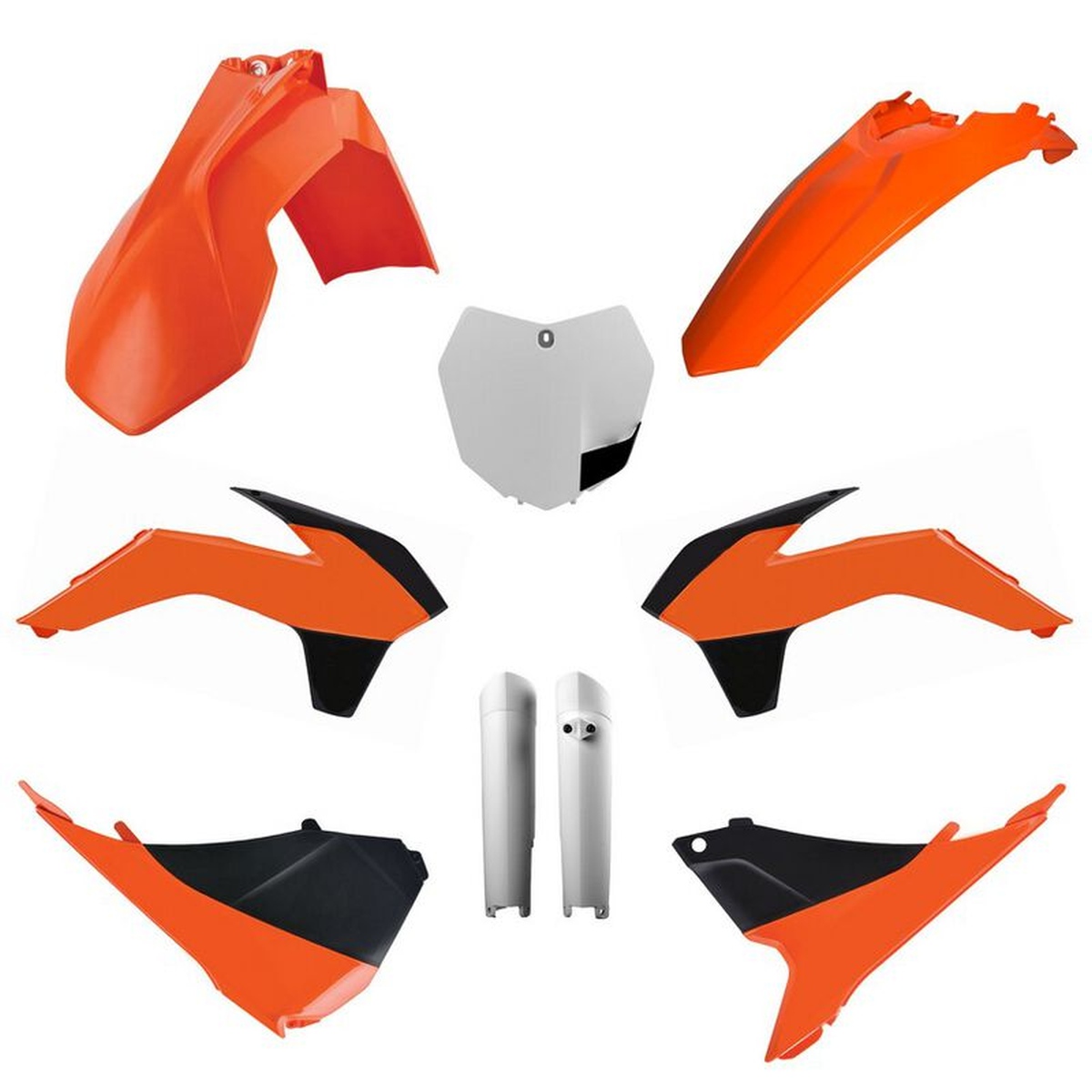 POLISPORT kompletní sada plastů (FULL KIT) KTM SX/SX-F/XC-F 13-14 v sadě tabulka přední (8659100002) a kryty tlumičů (8398500002) barva oranžová