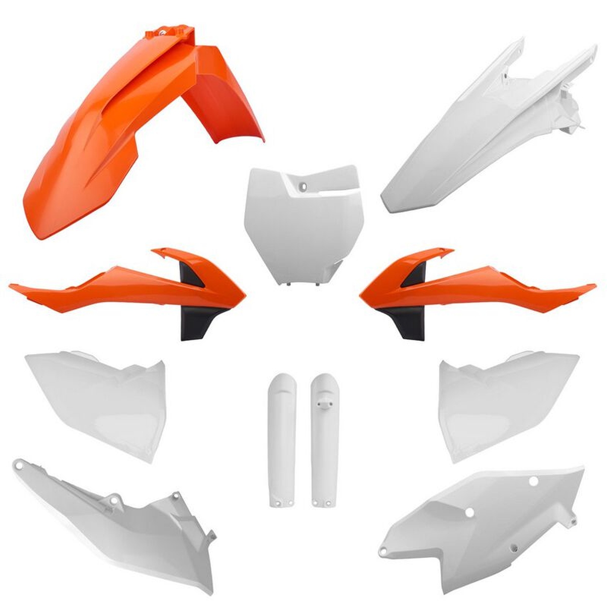 POLISPORT kompletní sada plastů (FULL KIT) KTM SX/SX-F/XC-F 16-18 v sadě tabulka přední (8664900002) a kryty tlumičů (8398600002) barva oranžová bílá