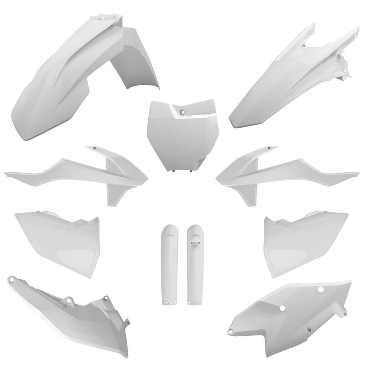 POLISPORT kompletní sada plastů (FULL KIT) KTM SX/SX-F/XC-F 16-18 v sadě tabulka přední (8664900002) a kryty tlumičů (8398600002) barva bílá