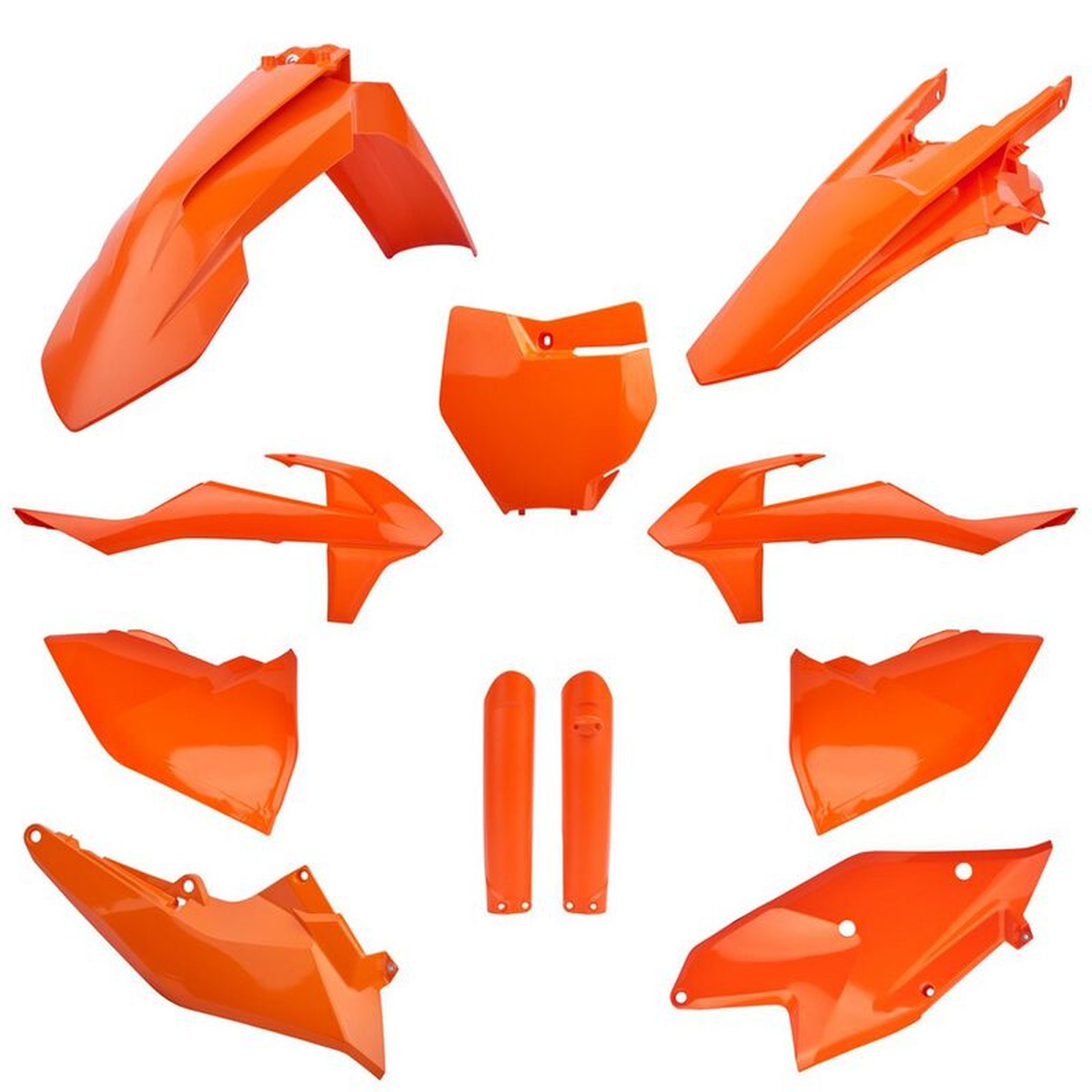 POLISPORT kompletní sada plastů (FULL KIT) KTM SX/SX-F/XC-F 16-18 v sadě tabulka přední (8664900001) a kryty tlumičů (8398600005) barva oranžová