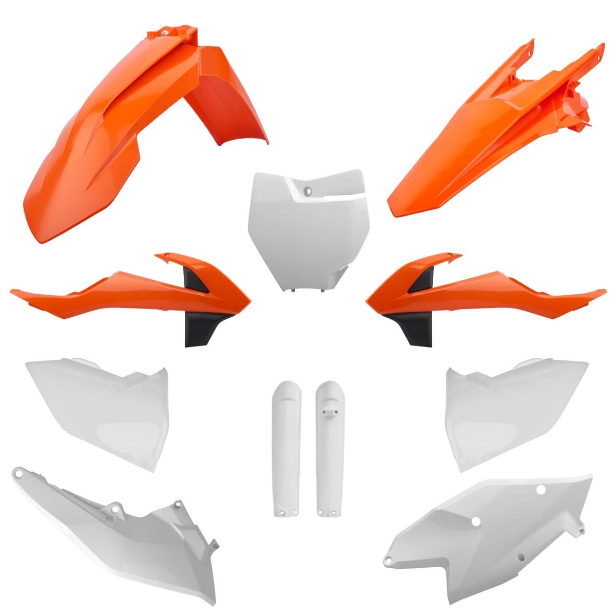 POLISPORT kompletní sada plastů (FULL KIT) KTM SX/SX-F/XC-F 16-18 v sadě tabulka přední (8664900002) a kryty tlumičů (8398600002) barva bílá oranžová