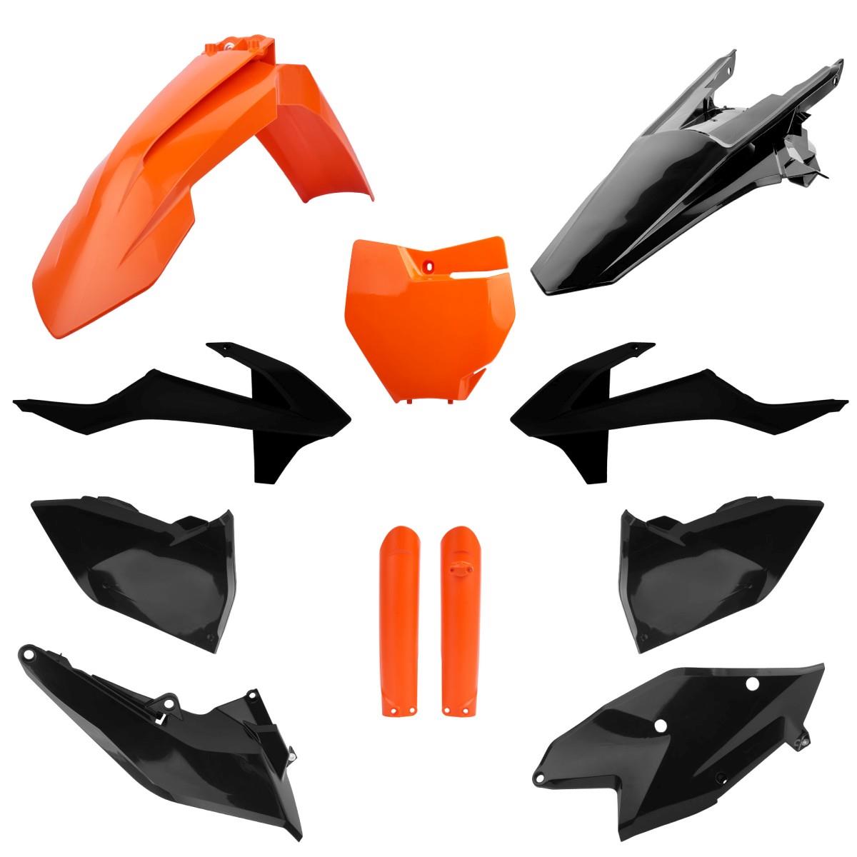POLISPORT kompletní sada plastů (FULL KIT) KTM SX/SX-F/XC-F 16-18 v sadě tabulka přední (8664900001) a kryty tlumičů (8398600005) barva černá oranžová