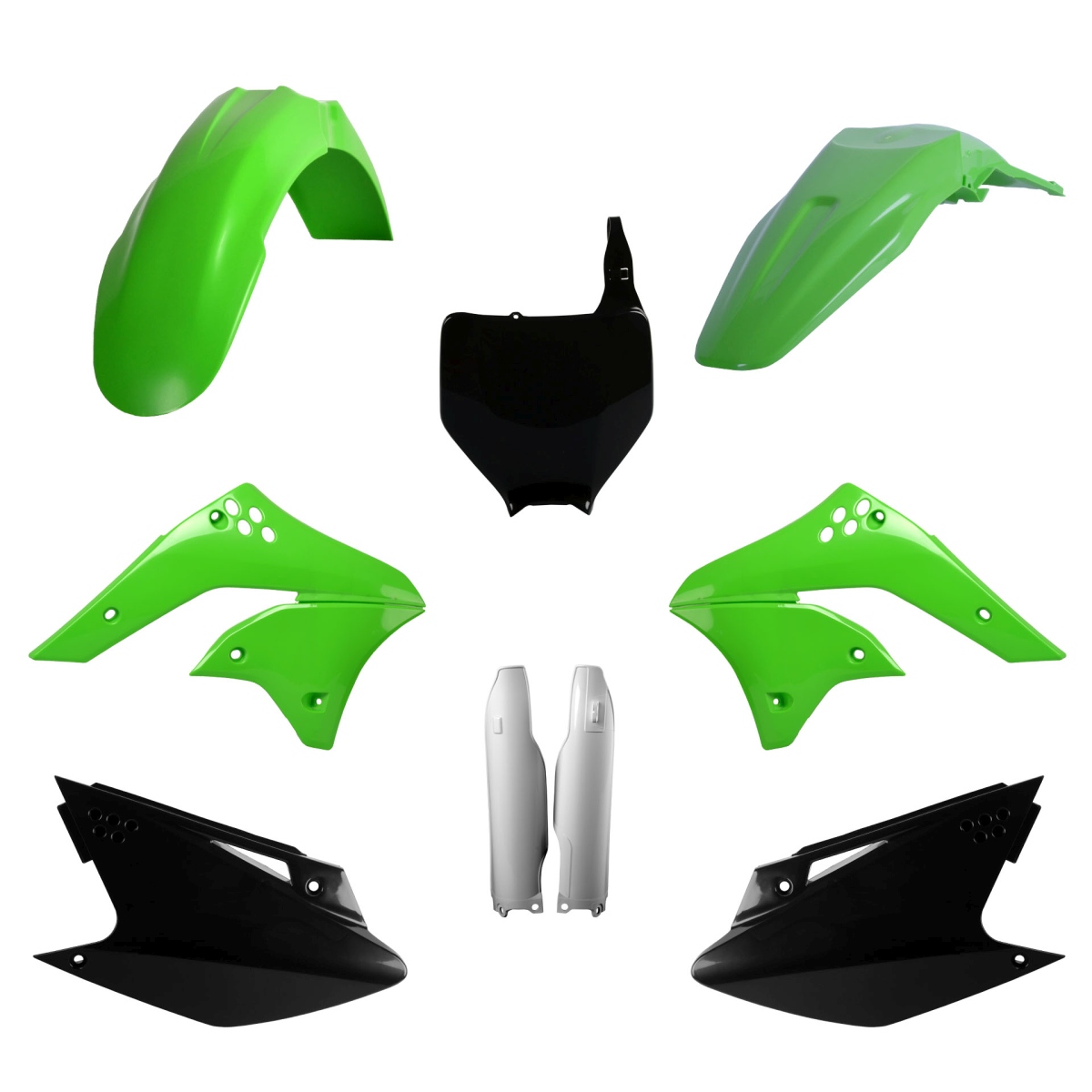 POLISPORT complete plastic kit (FULL KIT) KAWASAKI KX 250F 06-08 including front number plate (8660800001) and fork guards (8351200001) color green black OEM