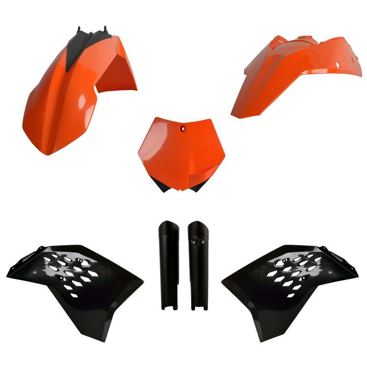POLISPORT kompletní sada plastů (FULL KIT) KTM SX/SX-F/XC-F 07-10 v sadě tabulka přední (8664400001) a kryty tlumičů (8398500003) barva oranžová