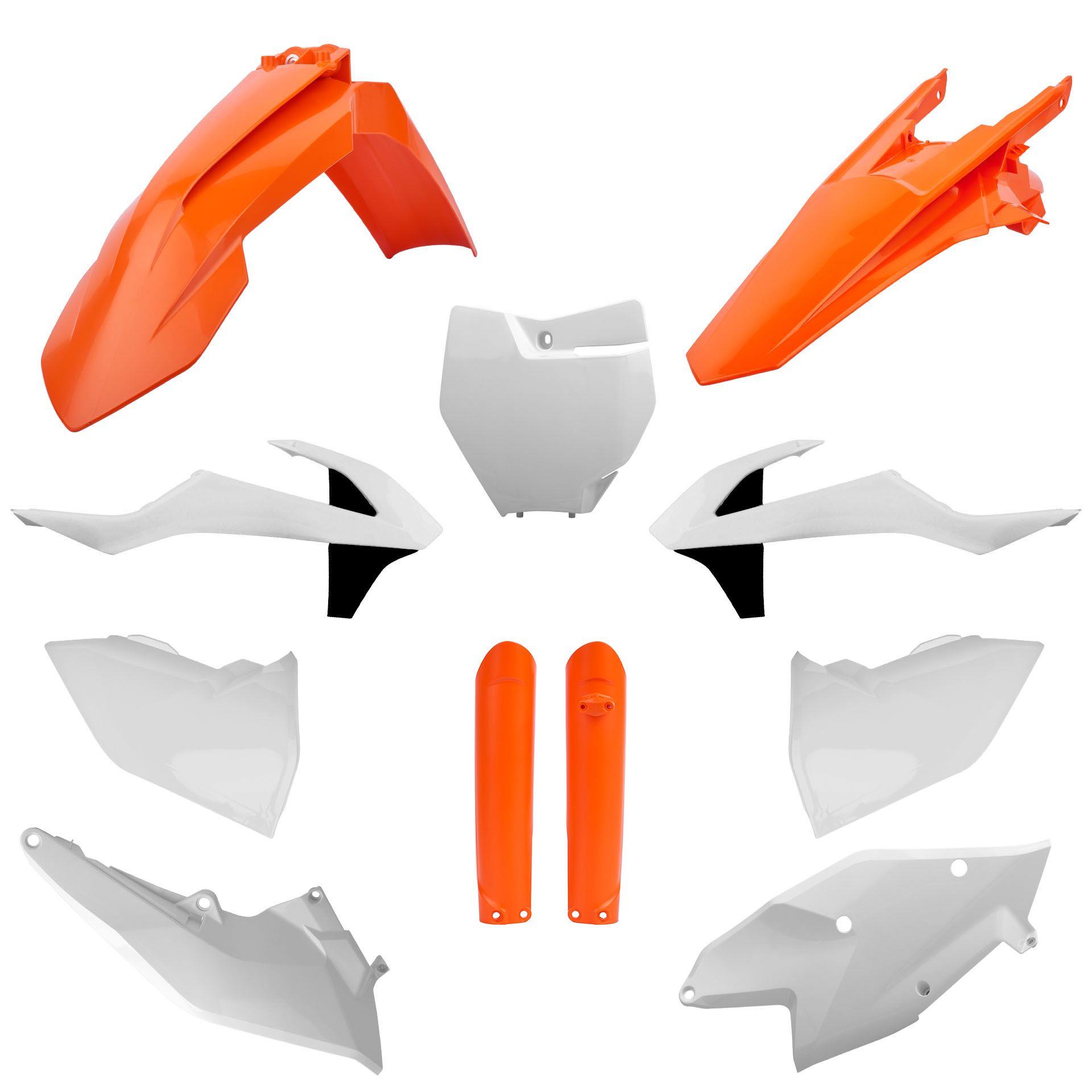 POLISPORT kompletní sada plastů (FULL KIT) KTM SX/SX-F/XC-F 16-18 v sadě tabulka přední (8664900001) a kryty tlumičů (8398600005) barva oranžová bílé
