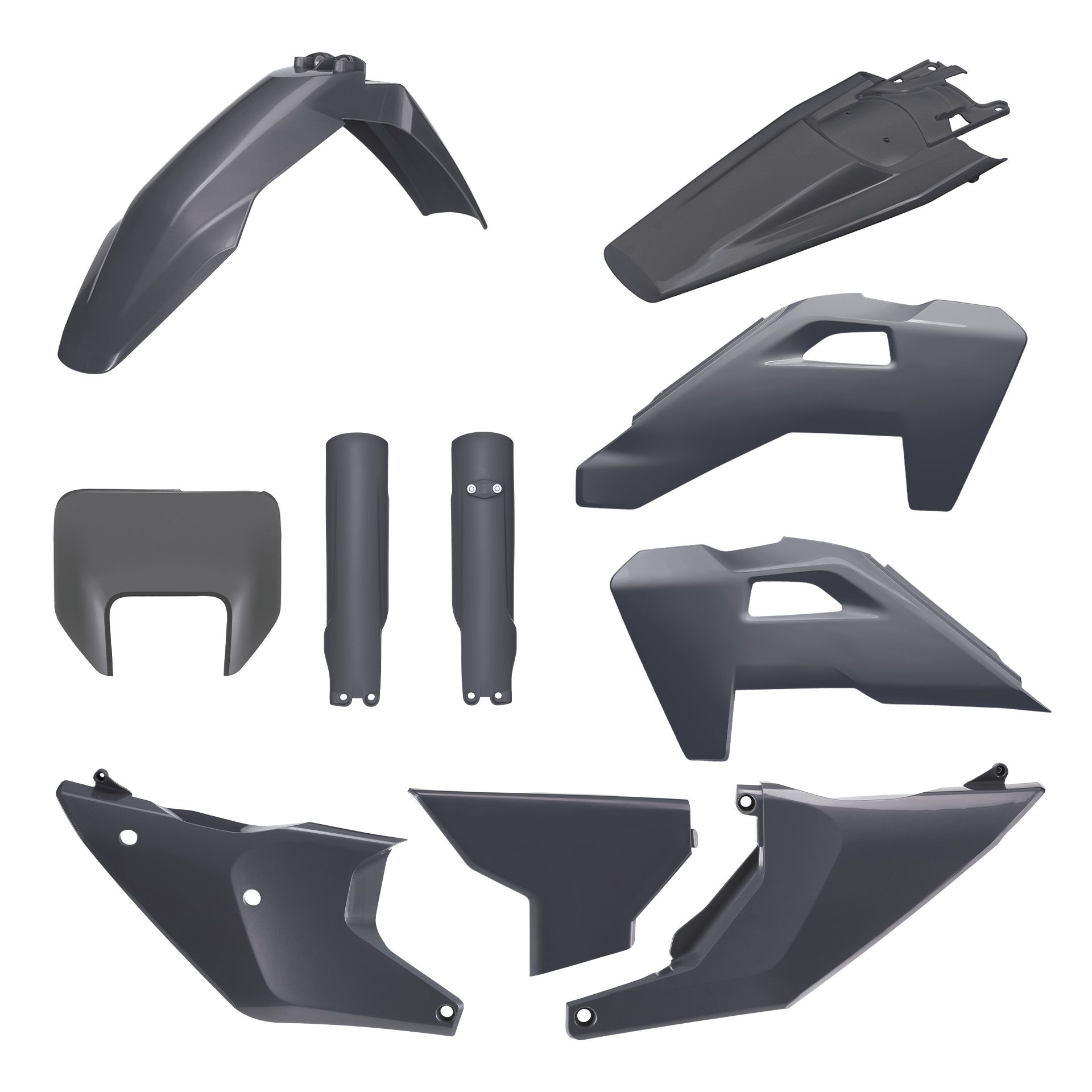 POLISPORT kompletní sada plastů (FULL KIT) HUSQVARNA TE/FE 26 v sadě kryt předního světlometu (8681500002) a kryty tlumičů (8352500002) barva šedá