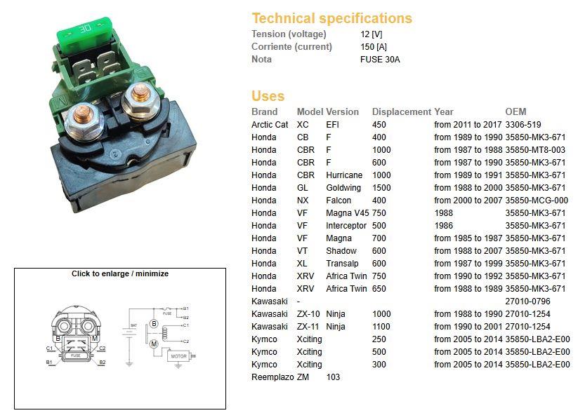 DZE startovací relé startéru HONDA CB 400F 89-90; CBR 600F 87-90; CBR1000F 89-91; VF 500/700/750 85-; XL 600V TRANSALP 87-99; XRV 650/750 AFRICA TWIN 88-89; KAWASAKI ZX10 88-90; ZX-11 90-01; KYMCO XCITIN 250/300/50 (35850-MK3-671) (150A)