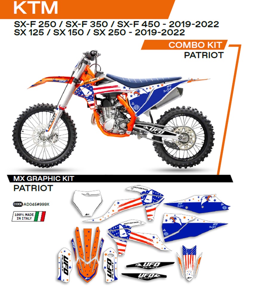 UFO sada samolepek (dýhy) KTM SX/SXF 125/150/250/350/450 19-22 PATRIOT barva (bílá/světle modrý) - (UFO sada samolepek (dýhy) KTM SX/SXF)