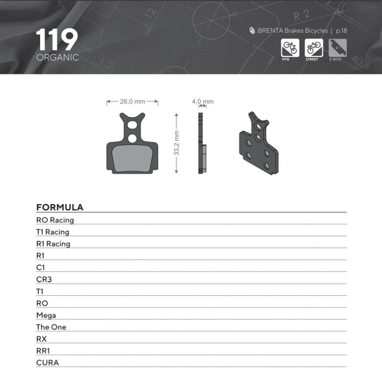 BRENTA bike brake pads organic mtb / road SEMI-METALLIC suitable for formula cura, ro racing, t1 racing, r1 racing, r1, c1, cr3, t1, ro, mega, the one, rx, rr1 BR119