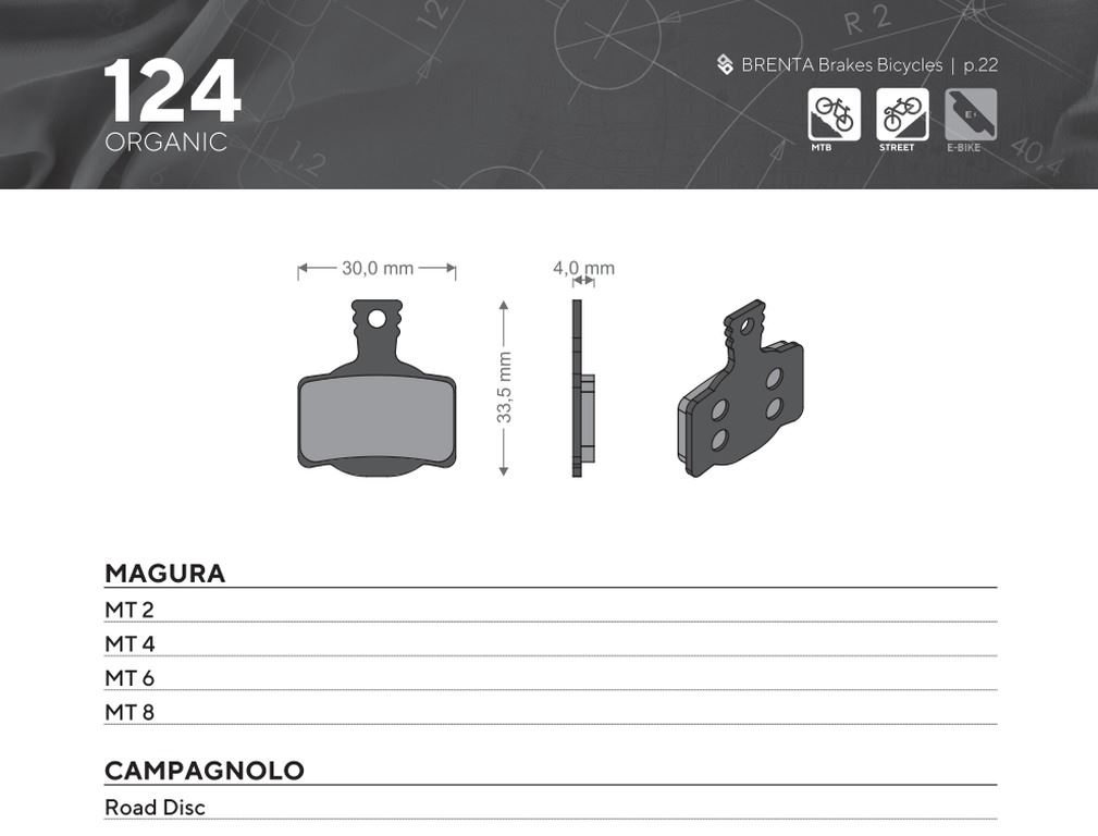 BRENTA bike brake pads organic mtb / road SEMI-METALLIC suitable for magura mt 2, mt 4, mt 6, mt 8, campagnolo road disc BR124