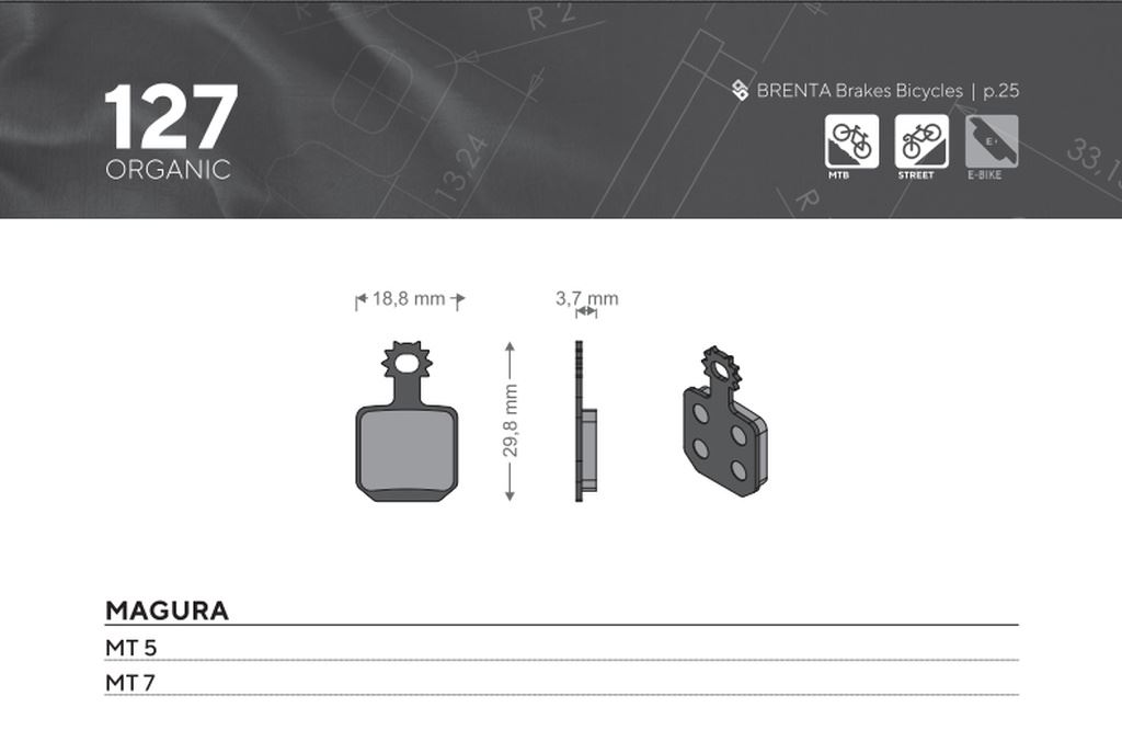 BRENTA bike brake pads organic SEMI-METALLIC suitable for magura mt 5, mt 7 br 127 (BR127)