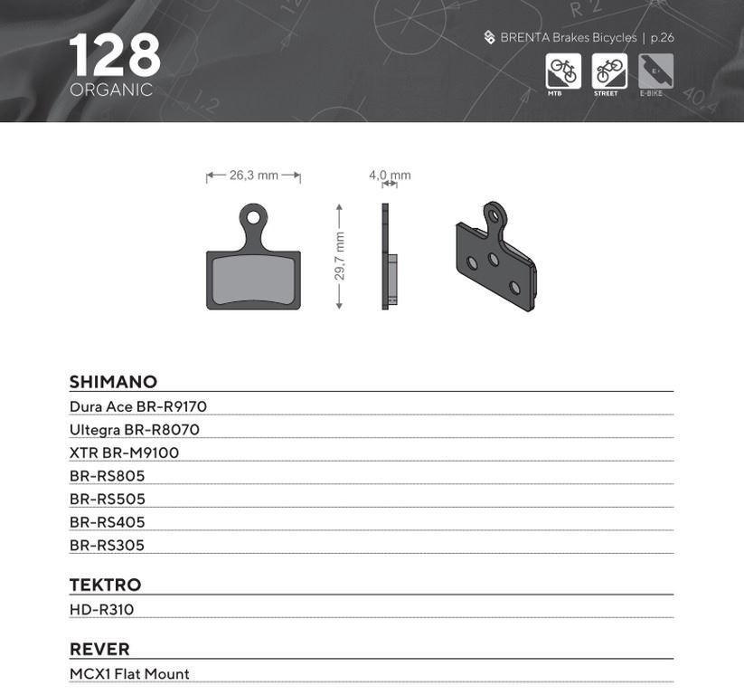 BRENTA bike brake pads organic mtb / road SEMI-METALLIC suitable for shimano dura ace BR-R9170, ultegra BR-R8070, xtr BR-M9100, BR-RS805, BR-RS505, BR-RS405, BR-RS305, tektro HD-R310 BR128
