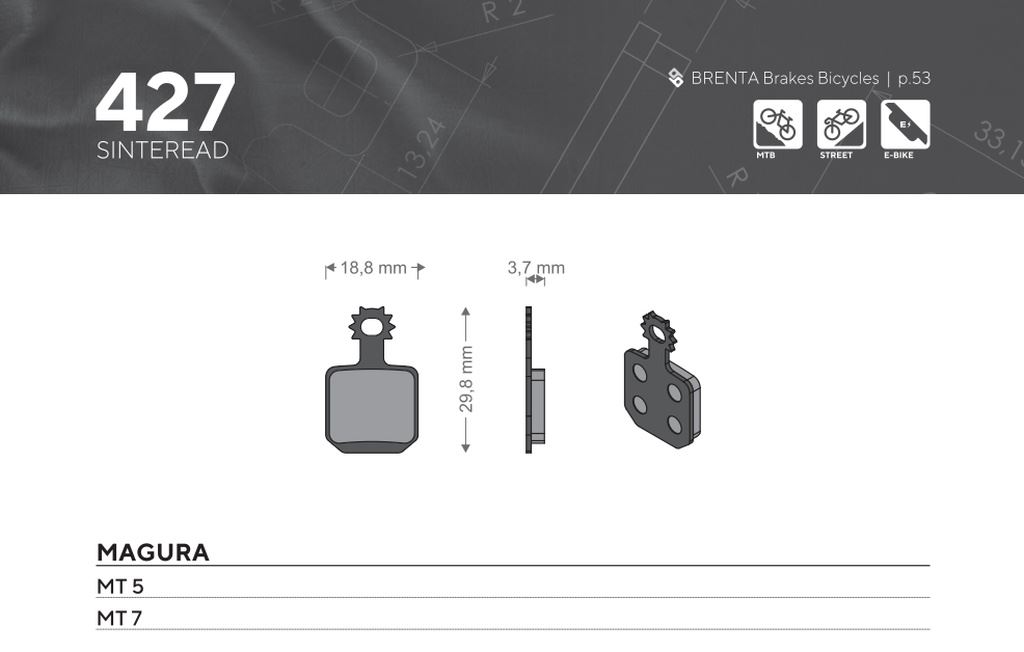 BRENTA BIKE brzdové destičky sintrované spékané kovové MTB / silniční / elektrické MAGURA MT 5, MT 7 (pro všechny kotouče z nerezi) (BR427)