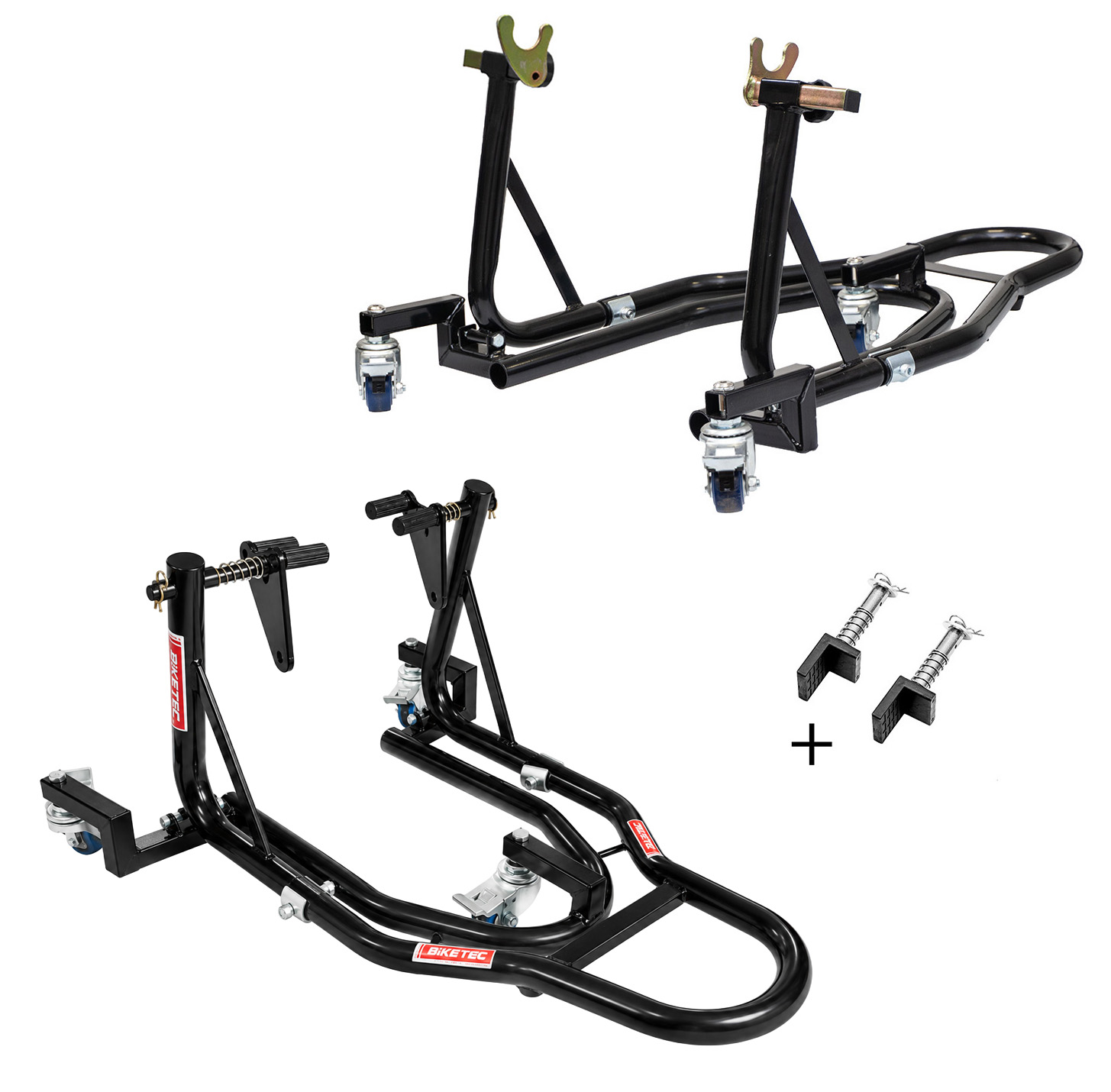 BIKETEC PRO Motorcycle Rear Wheel Stand / Lift TYP-V and TYP-L (for rollers and swingarm) on trolley, colour black (easy motorcycle repositioning)